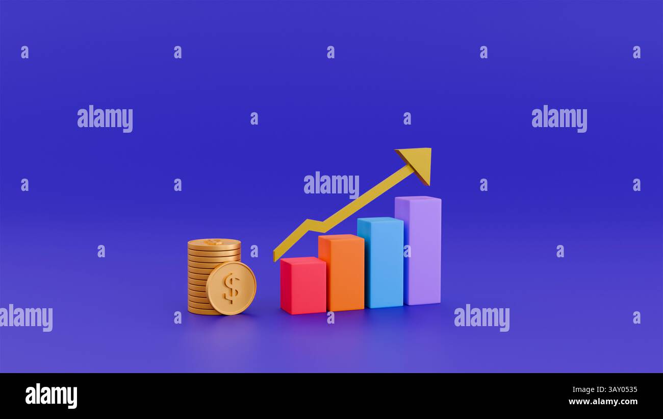 3D-Infografik mit Münzen, Wachstumsdiagramm und Pfeil bis zum Jahr 2025 auf violettem Hintergrund, Gewinnwachstum im Jahr 2025 Stockfoto