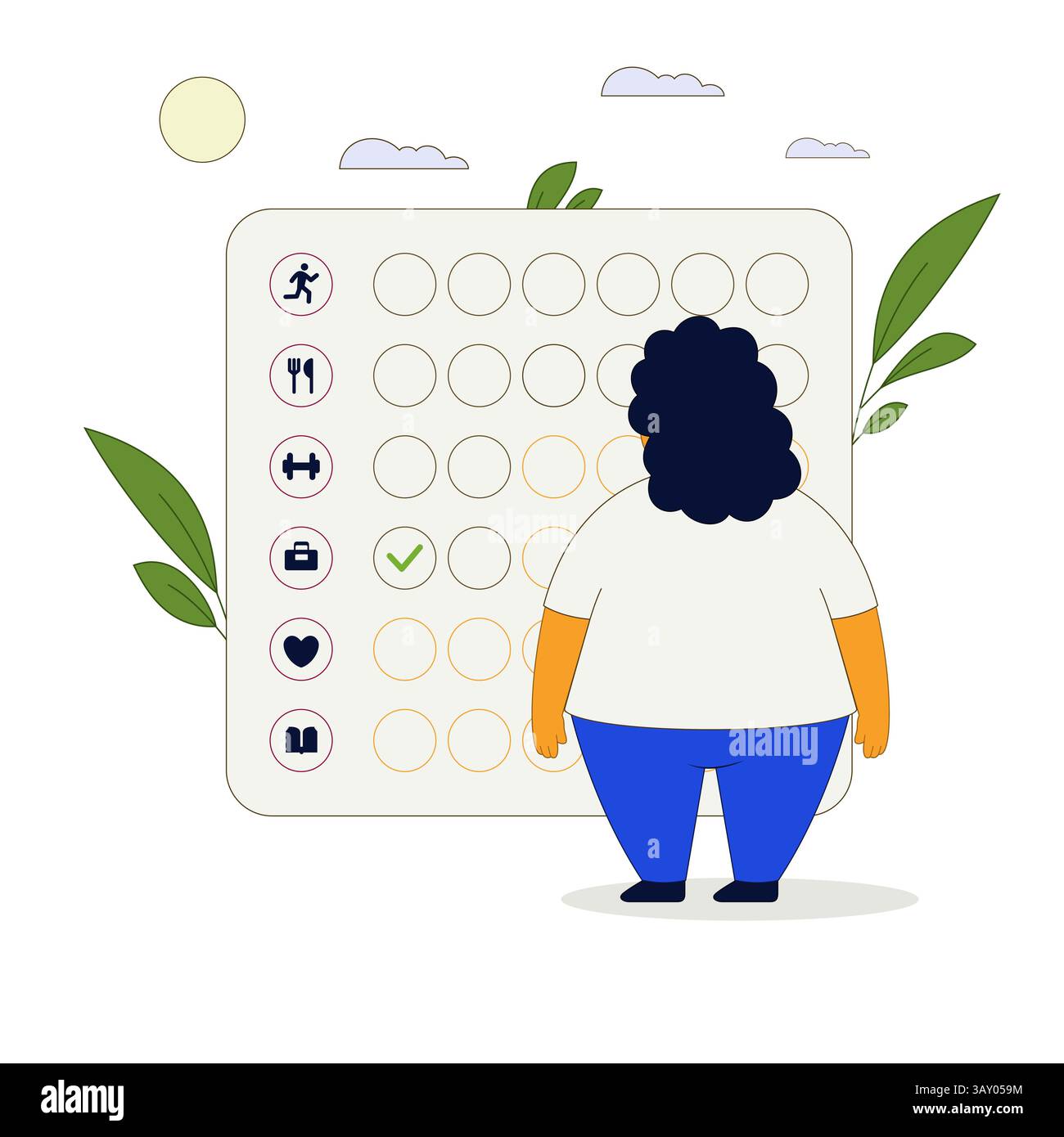 Lustige Figur plumpe Frau vor einer Liste von persönlichen und beruflichen Zielen und Aufgaben. Illustration der Vektorabwicklung. Stock Vektor