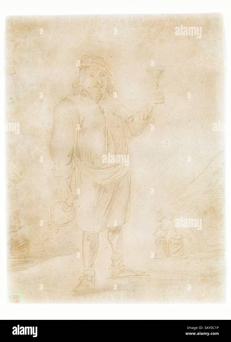 Eine Figur steht selbstbewusst, hält eine Glocke in einer Hand und trägt ein historisches Outfit mit Hut. Der Hintergrund deutet auf eine geschäftige Szene hin und deutet auf einen Moment der Kommunikation oder Ankündigung hin., David Teniers der Jüngere, Flämisch, 1610–1690, Bauernhoferei, um 1644, Graphit-Bleistift auf verfärbtem Büttenpapier, Blatt: 20,3 x 15,2 cm, Klassische Kunst mit modernem Touch, neu interpretiert von Artotop Stockfoto