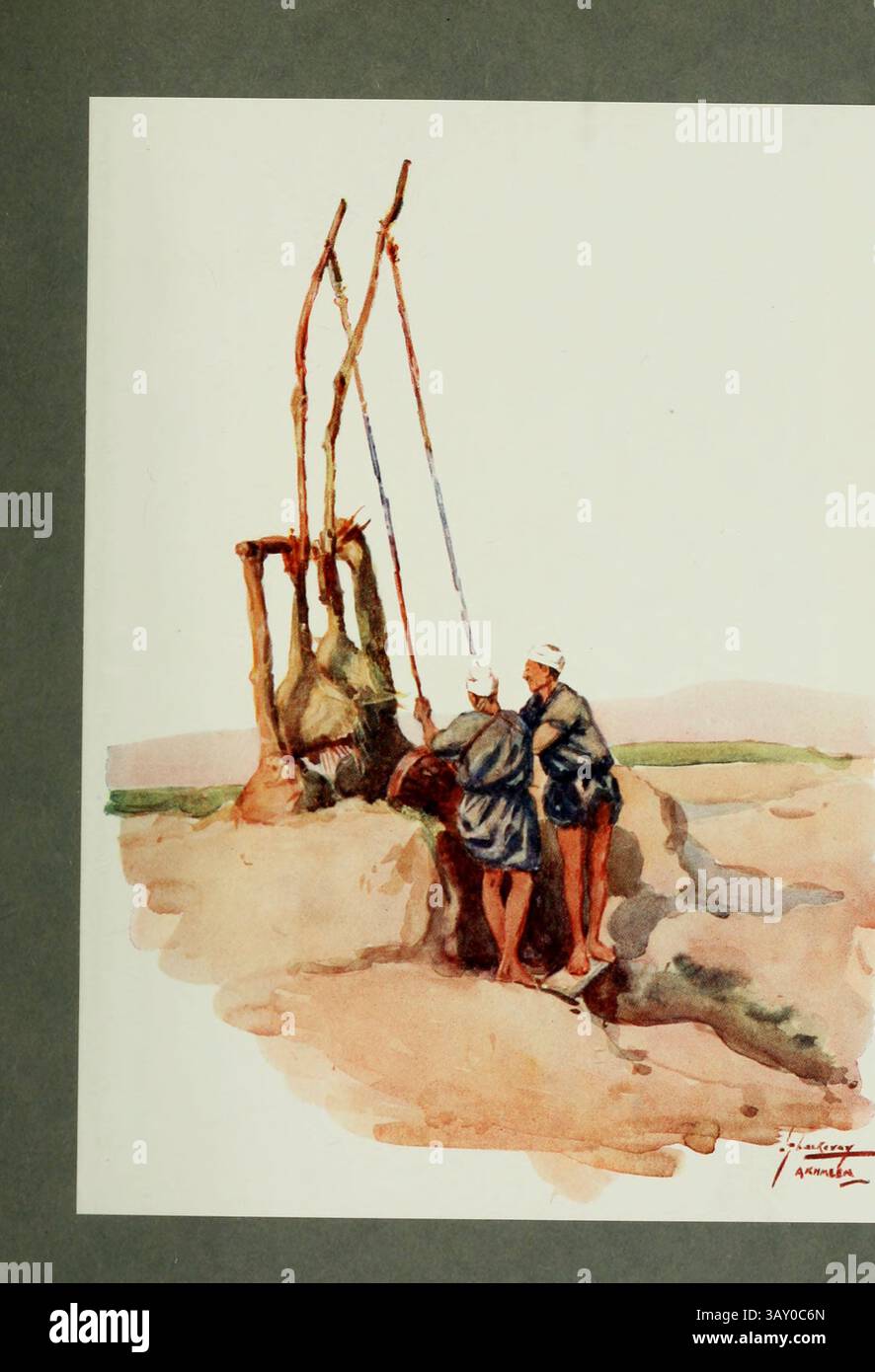 Shadoof Men – Shaddaf Artwork von Lance Thackeray veröffentlichte 1916 Lot „Lance“ Thackeray RBA (17. Januar 1867 – 10. August 1916) war ein englischer Illustrator, der einige Winter in Ägypten verbrachte und humorvolle Skizzen fertigte Stockfoto