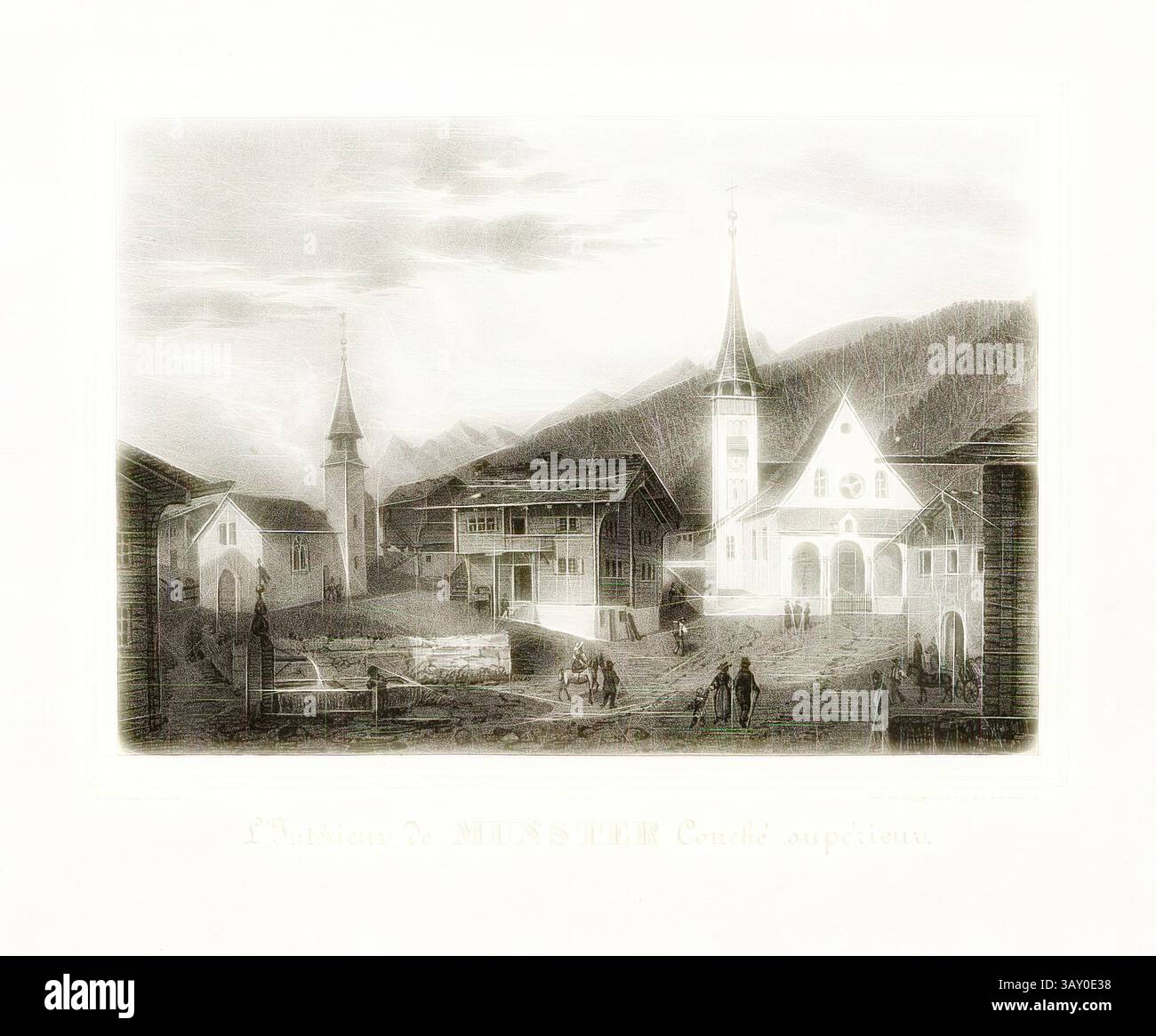 Eine ruhige Dorflandschaft bietet malerische Gebäude und Kirchtürme vor einem Hintergrund der Berge. Das Innere Münsters liegt höher, Dorfzentrum Münster mit Blick auf die Kirche (Goms, Kanton Wallis), signiert: Ritz, pl. 6, S. 15, Ritz, Lorenz Justin (del.), 1800, Lorenz Justin Ritz, Collection des prinzipales vues et Chef-lieux des dixains du canton du Wallis. Sion: imprimerie de Schmid et Murmann, [18--], Klassische Kunst mit einem modernen Twist, neu interpretiert von Artotop Stockfoto