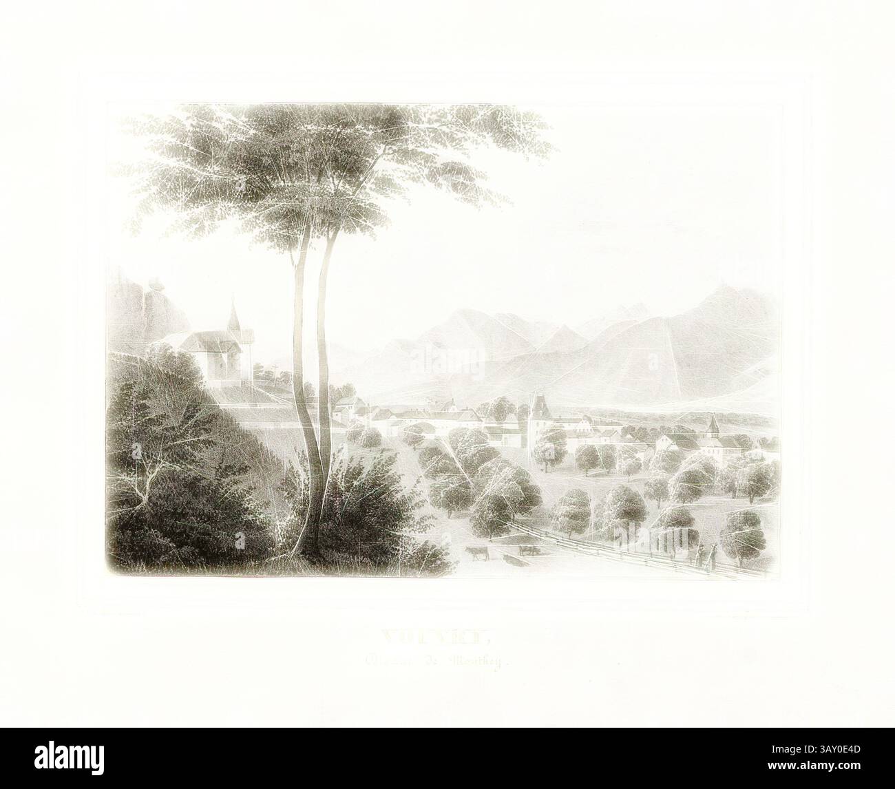 Eine ruhige Landschaft mit sanften Hügeln und fernen Bergen, gesäumt von Bäumen. Im Vordergrund ist ein malerisches Dorf mit Kirchturm zu sehen, während ein Paar einen Pfad entlang schlendert, eingebettet in eine friedliche ländliche Umgebung., Vouvry, Tenain von Monthey, Blick auf Vouvry (Kanton Wallis), pl. 34, S. 71, Ritz, Lorenz Justin (del.), 1800, Lorenz Justin Ritz, Collection des prinzipales vues et Chef-lieux des dixains du canton du Wallis. Sion: imprimerie de Schmid et Murmann, [18--], Klassische Kunst mit einem modernen Twist, neu interpretiert von Artotop Stockfoto