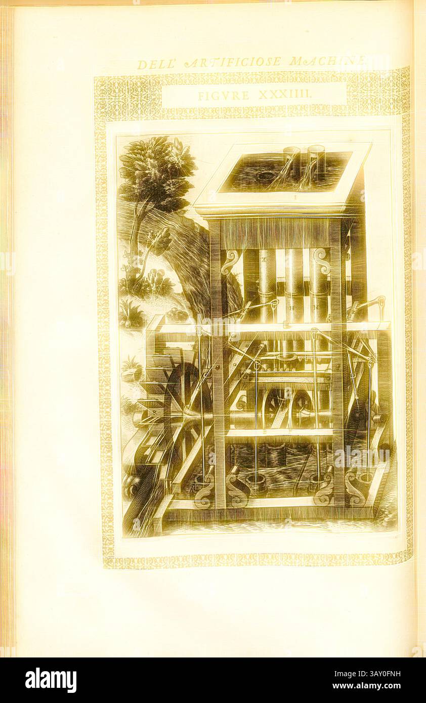 Eine detaillierte Abbildung eines mechanischen Geräts mit komplizierten Zahnrädern und Rohren, umgeben von stilisiertem Laub. Das Design spiegelt eine frühe Erforschung von Technik und Technologie wider und zeigt die Komplexität der Maschinenstruktur., Pumpe (34), Hydromotorpumpe, Kupferstich, Abb. XXXIII, nach S. 52, 1588, Agostino Ramelli: Le diverse et artificiose Machine del capitano Agostino Ramelli (...). A Parigi: In Casa del'autore, 1588, klassische Kunst mit einem modernen Twist, neu gestaltet von Artotop Stockfoto