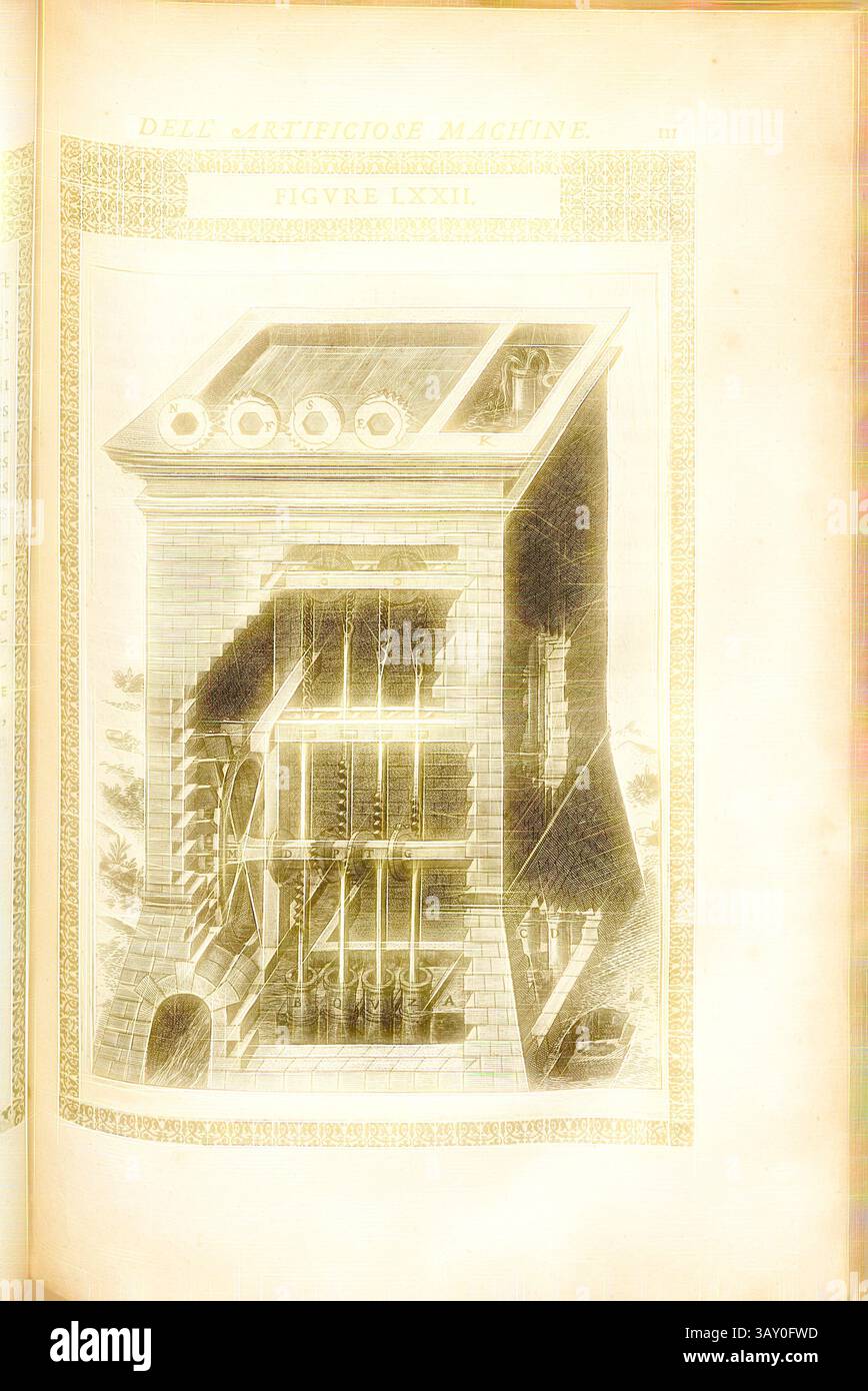 Eine komplizierte Abbildung eines frühen mechanischen Geräts mit einer Schnittansicht, die verschiedene Zahnräder, Riemenscheiben und strukturelle Elemente zeigt. Das Design unterstreicht die Komplexität der Konstruktion und zeigt die komplexen Komponenten und Funktionen der Maschine., Pumpe (62), Wasserkraftpumpe, Kupfergravur, Abb. LXXII, S. 111, 1588, Agostino Ramelli: Le diverse et artificiose Machine del capitano Agostino Ramelli (...). A Parigi: In Casa del'autore, 1588, klassische Kunst mit einem modernen Twist, neu gestaltet von Artotop Stockfoto