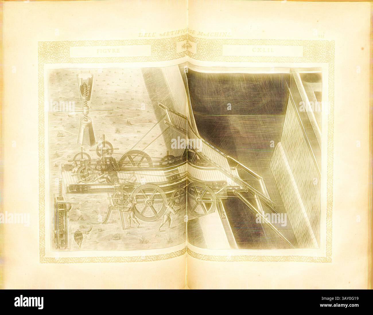 Eine komplizierte Abbildung eines mechanischen Geräts mit Zahnrädern und Riemenscheiben sowie verschiedenen Figuren, die auf einen historischen oder wissenschaftlichen Kontext hinweisen. Das Bild zeigt handwerkliches und technisches Design, was auf die innovativen Konzepte der Technik hindeutet., Mobile Brückenkonstruktion (3), Mobile Brückenkonstruktion, Kupfergravur, Abb. CXLII, S. 225, 1588, Agostino Ramelli: Le diverse et artificiose Machine del capitano Agostino Ramelli (...). A Parigi: In Casa del'autore, 1588, klassische Kunst mit einem modernen Twist, neu gestaltet von Artotop Stockfoto