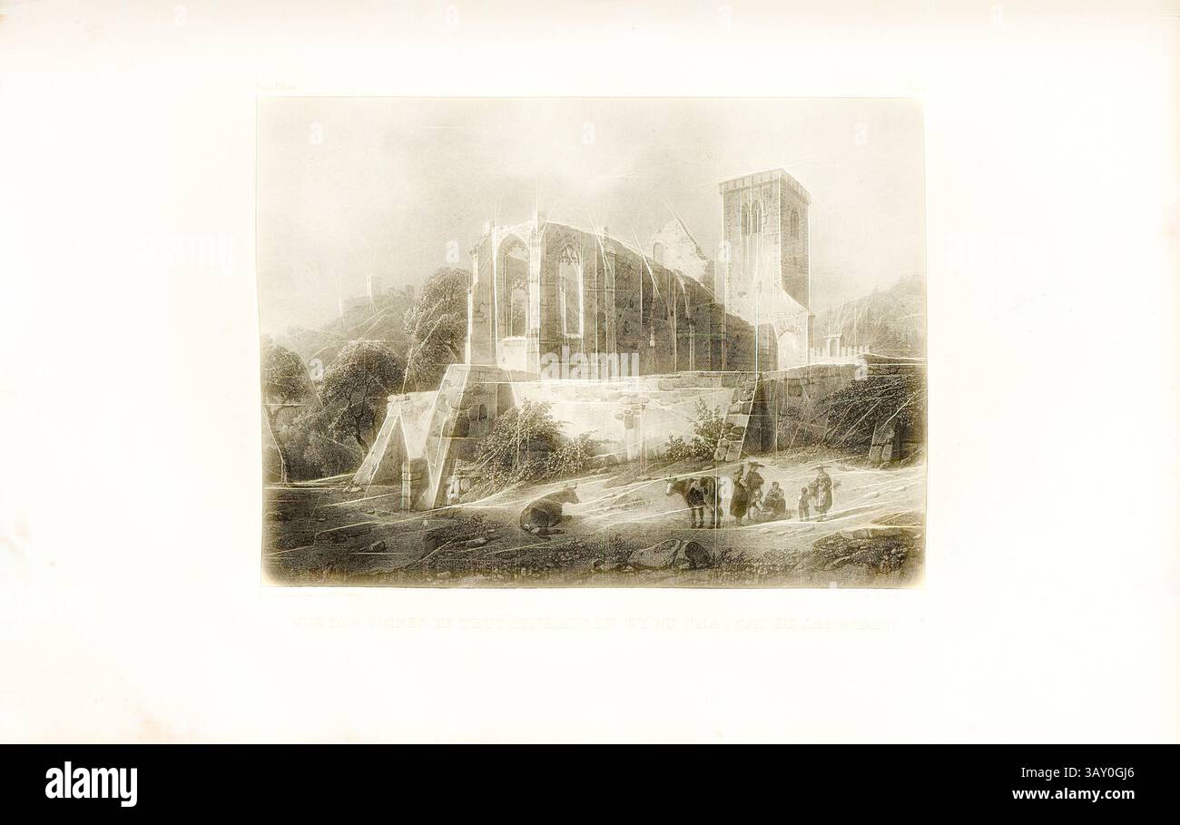Eine historische Ruine einer Steinabtei, teilweise eingestürzt und umgeben von üppigen Bäumen und sanften Hügeln, mit einer Gruppe von Figuren im Vordergrund, die ein Gefühl von Geschichte und natürlicher Schönheit wecken., Blick auf die Ruinen von Truttenhausen und Landsberg, Ruine Landsberg, Bas Rhin, signiert: Deroy d'après (...) klein, Lith. De G. Engelmann, PL. 10, S. 40 (Teil 2), Deroy; Klein; Engelmann, Godefroy (lith.), 1828, de Golbéry, J. G. Schweighäuser: Antiquités de l'Alsace ou châteaux, églises et autres monumens des départemens du Haut- et du Bas-Rhin. Mulhouse [etc.] Engelmann, 1828, Classic AR Stockfoto