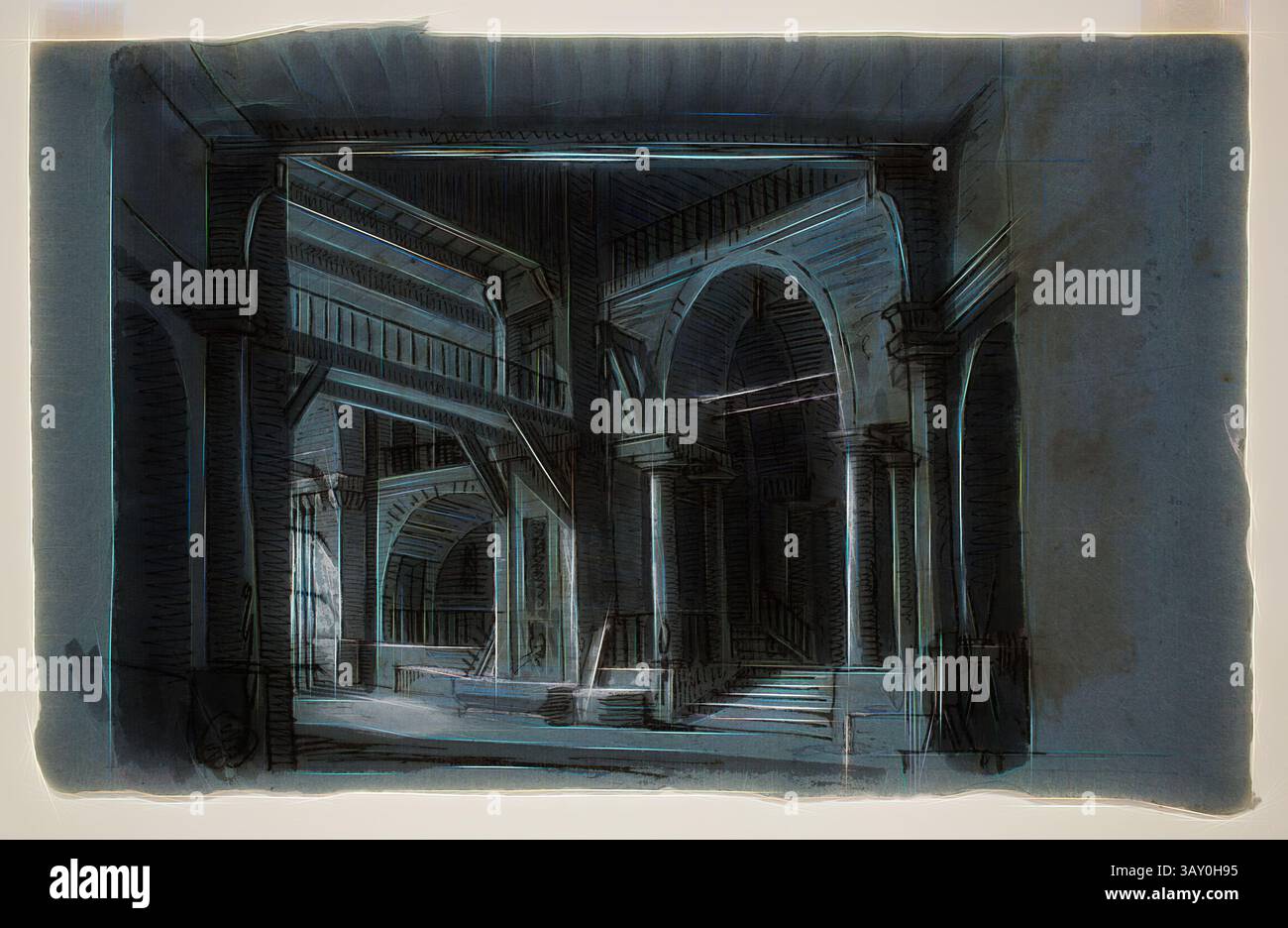 Das aufwändig gestaltete Interieur verfügt über große Bögen und mehrschichtige architektonische Elemente. Sanftes Licht filtert durch den Raum, wirft sanfte Schatten und hebt die kunstvollen Details der Struktur hervor, wodurch eine dramatische und atmosphärische Umgebung entsteht., zugeschrieben Alessandro Sanquirico, Italienisch, 1777-1849, Prison Interior, zwischen Ende des 18. Und Mitte des 19. Jahrhunderts, Stift und Tinte, Pinsel und Gouche mit weißer Unterzeichnung aus Graphit auf blauem Büttenpapier, klassische Kunst mit einem modernen Twist von Artotop neu erfunden Stockfoto
