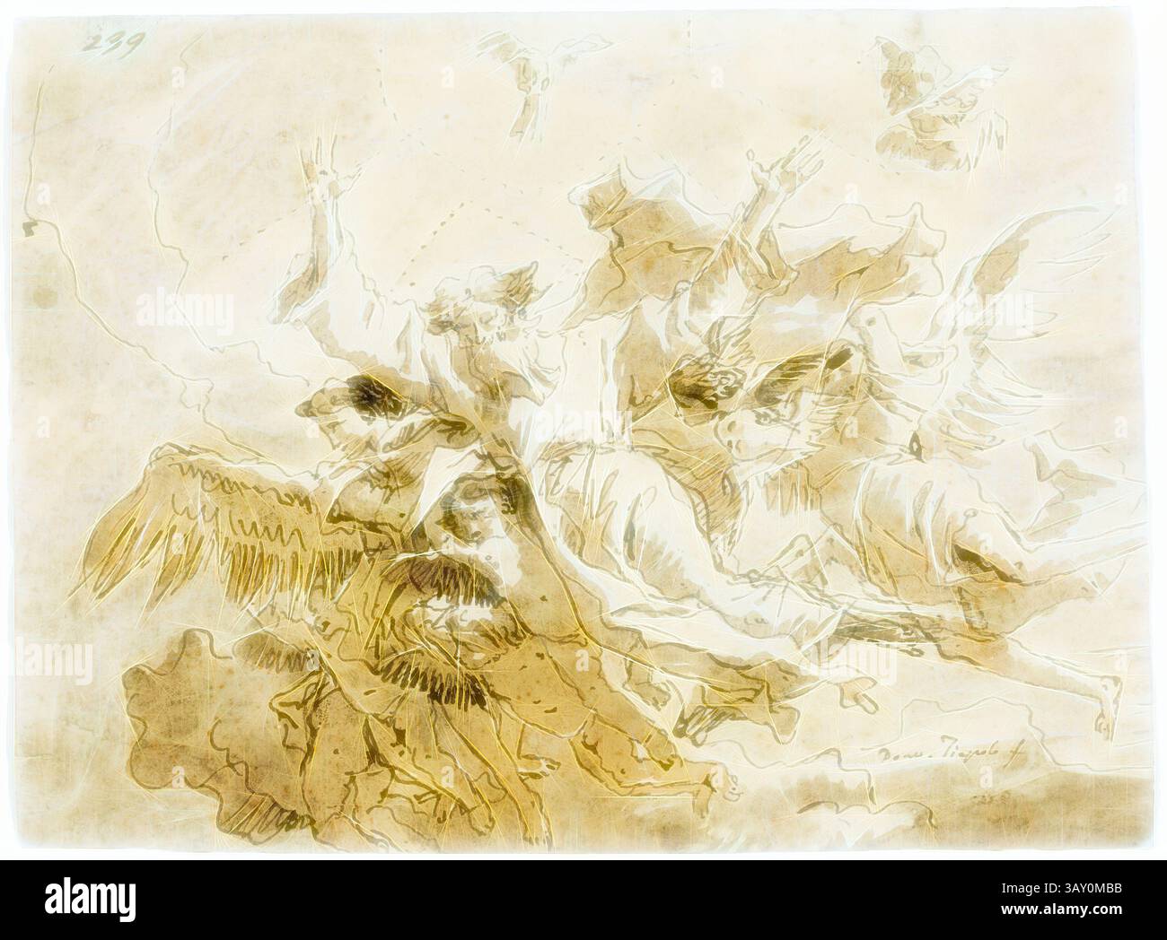 Ein dynamisches Zusammenspiel von Figuren und geflügelten Kreaturen, das eine Szene himmlischer Bewegungen und Dramen veranschaulicht. Ätherische Wesen scheinen aufzusteigen, ihre Ausdrucksformen vermitteln ein Gefühl von Triumph und Dringlichkeit, umgeben von wirbelnden Wolken und weichen Linien, die Bewegung und Anderswelt suggerieren., Giovanni Domenico Tiepolo, italienisch, 1727-1804, Gott der Vater getragen von Engeln, ca. 1759, Stift und schwarze Tinte und graue und braune Wäschen auf cremefarbenem Papier, Blatt: 7 3/16 x 9 5/8 cm (18,2 x 24,4 cm), Klassische Kunst mit einem modernen Twist von Artotop neu erfunden Stockfoto