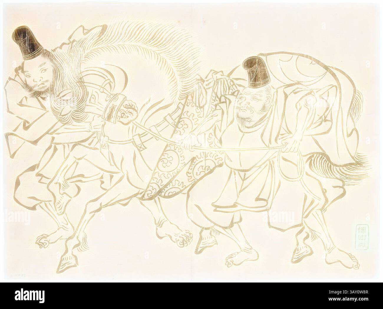 Zwei Figuren sind abgebildet, eine mit einem Banner und die andere mit einem großen Sack, während sie ein temperamentvolles Pferd mitziehen. Beide Figuren tragen traditionelle Kleidung mit unverwechselbaren Hüten, und die Szene vermittelt ein Gefühl von Bewegung und Zusammenarbeit. Komplizierte Muster zieren die dekorative Verkleidung des Pferdes und fügen der Komposition eine Schicht Detail hinzu., Tachibana Morikuni, Japanisch, 1670-1748, zwei Männer mit Pferd, ca. 1720, Holzschnitt, 11 7/8 x 16 1/8 cm, Klassische Kunst mit modernem Touch, neu interpretiert von Artotop Stockfoto