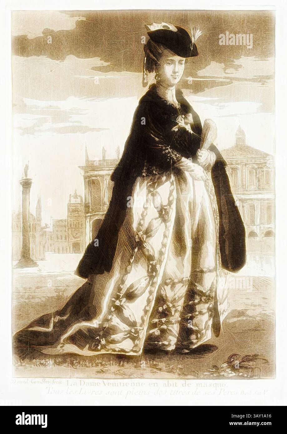 Eine elegant gekleidete Frau steht anmutig in einem fließenden Kleid mit verzierten Mustern und einem auffälligen Hut. Sie hält einen Fan, der einen Hauch von Raffinesse und Geheimnis ausstrahlt, mit einer großen architektonischen Kulisse, die auf eine historische Umgebung hinweist., Giovanni David, Italiener, 1743-1790, Venezianerin in Masquerade Kostüm, 1775, Ätzung und Aquatint gedruckt in brauner Tinte auf Büttenpapier, Platte: 9 1/2 x 6 1/2 Zoll (24,1 x 16,5 cm), Klassische Kunst mit einem modernen Twist von Artotop neu interpretiert Stockfoto Eine elegant gekleidete Frau steht anmutig in einem fließenden Kleid mit verzierten Mustern und einem auffälligen Hut. Sie hält einen Fan, der einen Hauch von Raffinesse und Geheimnis ausstrahlt, mit einer großen architektonischen Kulisse, die auf eine historische Umgebung hinweist., Giovanni David, Italiener, 1743-1790, Venezianerin in Masquerade Kostüm, 1775, Ätzung und Aquatint gedruckt in brauner Tinte auf Büttenpapier, Platte: 9 1/2 x 6 1/2 Zoll (24,1 x 16,5 cm), Klassische Kunst mit einem modernen Twist von Artotop neu interpretiert Stockfoto
