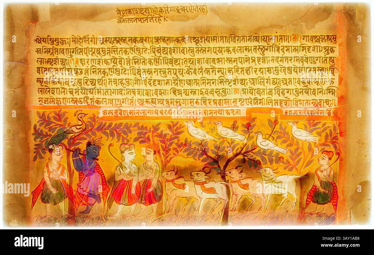 Eine antike Manuskripte zeigt komplexe Illustrationen, die eine lebendige Szene von Figuren darstellen, die in einer lebendigen Erzählung verwickelt sind, ergänzt durch kunstvolle Kalligraphie in einer klassischen Schrift. Das Kunstwerk fängt Naturelemente wie Vögel und Bäume ein, vor einem reich detaillierten Hintergrund, der ein historisches oder mythologisches Thema vermittelt., Unknown (Indian), Krishna Fluting, um 1600, Gouache auf Papier, 7 x 5/8 Zoll (17,8 x 29,5 cm), klassische Kunst mit einem modernen Touch, neu interpretiert von Artotop Stockfoto