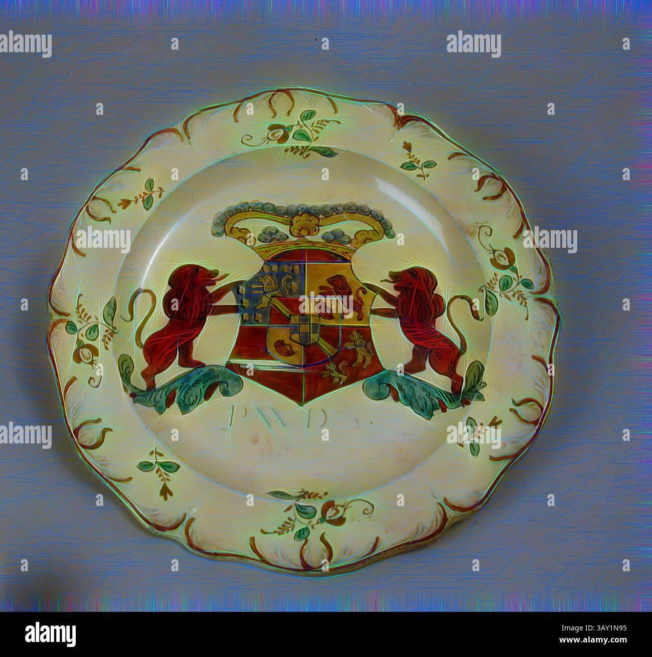 Eine dekorative Platte mit einem zentralen Wappen, flankiert von zwei stilisierten Löwen und umgeben von Blumenmotiven, zeigt komplizierte Details und lebendige Farben., Unknown (Englisch), Teller mit Wappen von Prinz Wilhelm V. von Orange, ca. 1767, emailliertes Steingut, Höhe x Durchmesser: 9/16 x 9 1/2 Zoll. (1,4 x 24,1 cm), klassische Kunst mit einem modernen Touch, neu interpretiert von Artotop Stockfoto