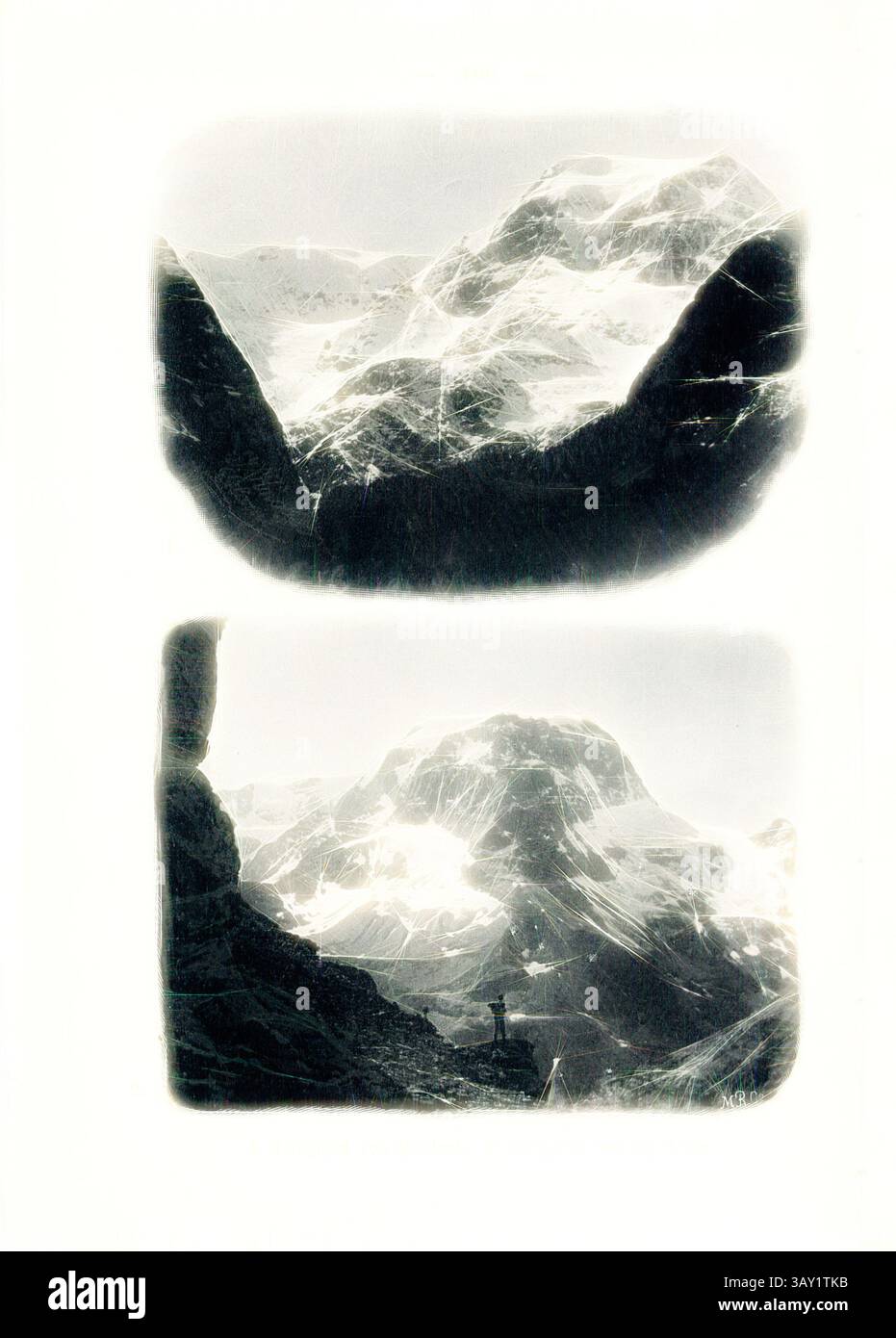 Majestätische schneebedeckte Berge erheben sich dramatisch gegen den Himmel, mit tiefen Tälern, die zwischen zerklüfteten Gipfeln gehauen sind. Eine einsame Figur steht am Fuß, die von der Pracht der Landschaft im Schatten steht und die Weite und Schönheit der Natur einfängt., 1. Tödlicher Gipfel des Nordostens. 2. Tödlicher Gipfel des Nordwestens, Tödi im Kanton Glarus, unterzeichnet: M.R.C, Abb. 102, S. 100, Meisenbach, Riffarth und Co. (Imp.), 1900, J. Knobel: Illustrierter Reisebegleiter für die Alpenstraße des Klausen und ihre Zufahrtslinien. Glarus: Buchdruckerei J. Spälti, 1900, Klassische Kunst mit modernem Twist neu interpretiert von Artotop Stockfoto