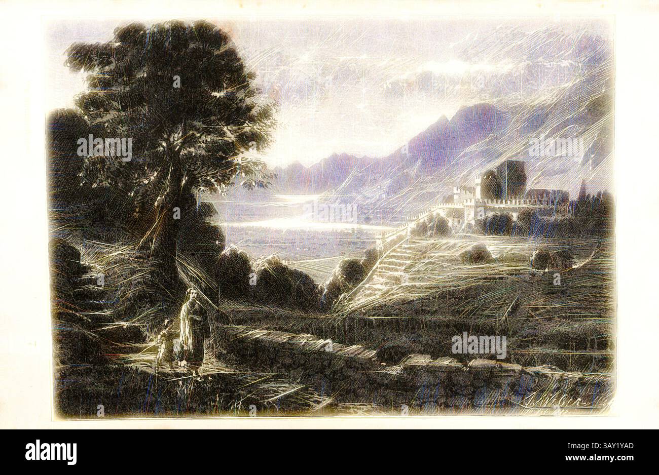 Eine ruhige Landschaft mit sanften Hügeln, einem ruhigen Gewässer und fernen Bergen unter einem sanft beleuchteten Himmel. Eine einsame Figur wird auf einem Weg gesehen, umgeben von üppiger Vegetation und einem Hauch historischer Architektur im Hintergrund., Schloss Schwyz in Bellinzona, Castello di Montebello in Bellinzona im Kanton Tessin, signiert: J. Weber, Abb. 43, S. 97, Weber, Johannes (del.); Orell Füssli & Co. (Exc.), 1882, Jakob Hardmeyer: Die Gotthardbahn. Zürich: Druck, Verlag und Illustration von Orell Füssli & Co., [188-], Klassische Kunst mit modernem Twist neu interpretiert von AR Stockfoto