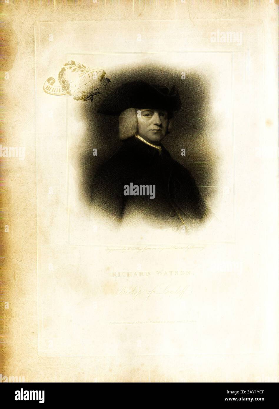 Ein historisches Porträt von Richard Watson, identifiziert als Bischof von Llandaff, mit elegantem Hut und würdevollem Ausdruck. Das Kunstwerk zeigt komplizierte Schattierungen und ist von dekorativen Elementen eingerahmt, was seine Einzigartigkeit und historische Bedeutung unterstreicht. Richard Watson, Bischof von Llandaff, Portrait of Richard Watson (1737-1816), signiert: Gravur von W. T. Fry aus einem Originalbild von Romney, Frontispiece, Romney, John (del.); Fry, William Thomas (sc.), 1817, Richard Watson: Anekdotes of the Life of Richard Watson, Bischof von Landaff, geschrieben in verschiedenen Abständen, und Stockfoto