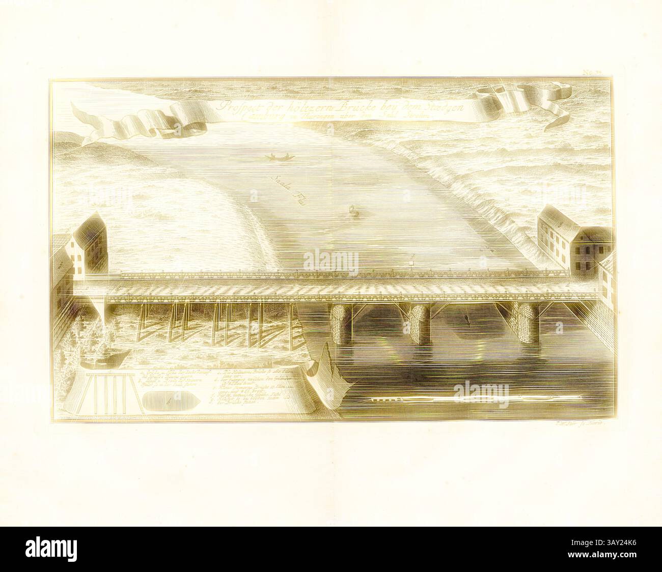 Eine detaillierte Abbildung einer Brücke, die einen Fluss überspannt, mit Strukturen auf beiden Seiten und kleinen Booten, die das Wasser steuern. Dekorationselemente zieren die Decke und verleihen der Szene einen kunstvollen Touch., Aussicht auf die Holzbrücke an der Stoëdgen Camburg in Thüringen über die Halle Strohm, Holzbrücke über die Saale bei Camburg (Dornburg-Camburg in Thüringen), signiert: I. W. Stör sc, Abb. 27, nein 34, nach S. 96, Stör, Johann Wilhelm (sc.); Breitkopf, Bernhard Christoph (Hrsg.), 1735, Carl Christian Schramm: historischer Schauplatz in welchem die merkwürdigsten Brücken aus allen Theilen der Welt, inso Stockfoto