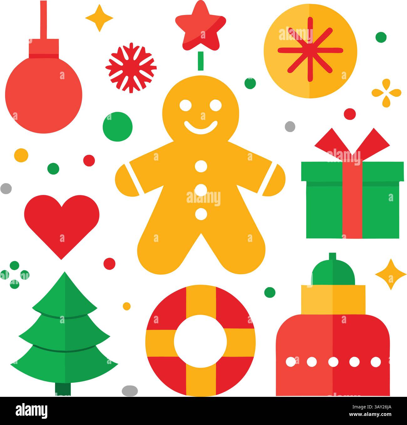 Bedruckbare Weihnachtssymbole Vektorpaket, Weihnachtselemente: Weihnachtsmann, Hut, Glocke, Baum, Licht, Geschenk, hart lesen, Weihnachtsgeschenk, Stern, Stock Vektor