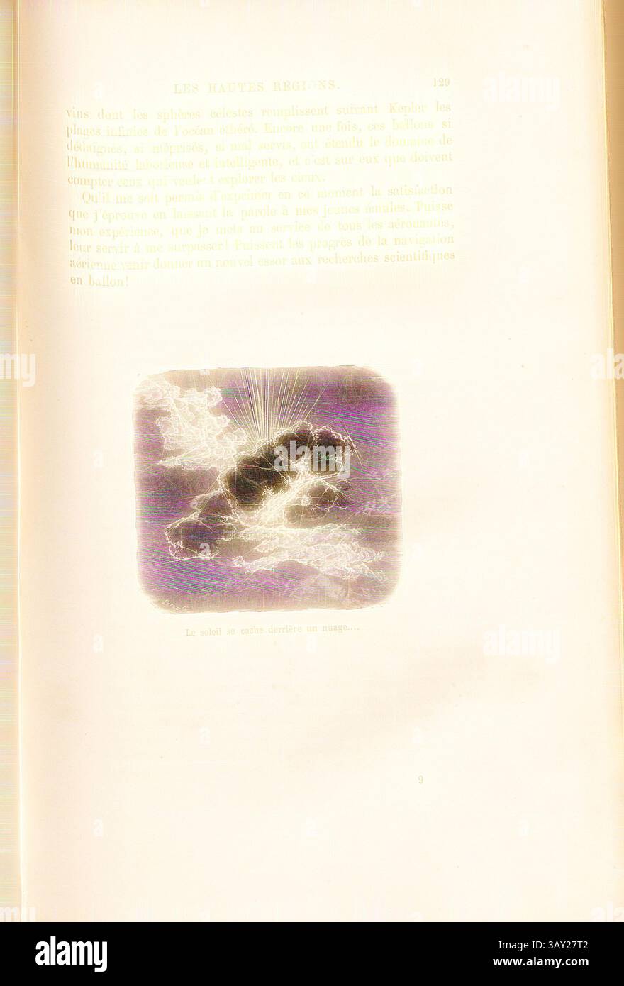 Eine dramatische Wolkenbildung birgt Licht in der Mitte, umgeben von weichen, wirbelnden Texturen, die ein atmosphärisches und ätherisches Ambiente schaffen. Der Begleittext reflektiert die Schönheit und Bedeutung von Naturphänomenen., die Sonne versteckt sich hinter einer Wolke, die Sonne ist von Wolken verdeckt, signiert: Ettling, Abb. 27, S. 129, Ettling, Jacob (sc.), 1870, James Glaisher; Camille Flammarion; Wilfrid de Fonvielle; Gaston Tissandier: Voyages aériens. Paris: Hachette, 1870, Klassische Kunst mit modernem Touch, neu interpretiert von Artotop Stockfoto