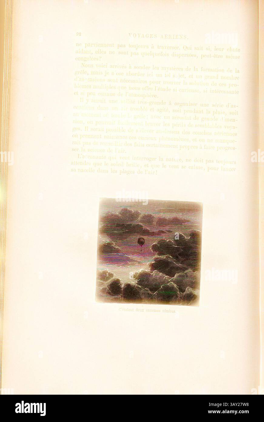 Eine skurrile Illustration eines Heißluftballons, der über einer Landschaft schwingt, umgeben von flauschigen Wolken und einer ruhigen Atmosphäre, die ein Gefühl von Abenteuer und Entdeckungen einfängt., waren zwei riesige nimbus, Nimbostratus und Heißluftballon von James Glaisher 1863, Abb. 18, S. 92, 1870, James Glaisher; Camille Flammarion; Wilfrid de Fonvielle; Gaston Tissandier: Voyages aériens. Paris: Hachette, 1870, Klassische Kunst mit modernem Touch, neu interpretiert von Artotop Stockfoto