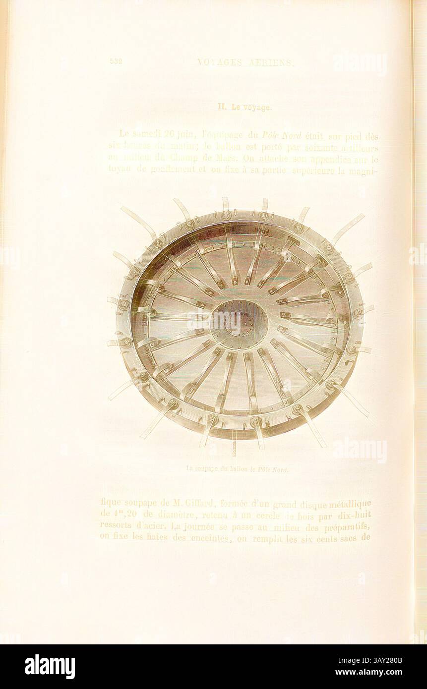 Eine komplizierte Illustration eines Schiffrads mit einem detaillierten Design, das die handwerkliche und nautische Themen betont. Der umgebende Text scheint seinen historischen Kontext und seine Bedeutung zu diskutieren., Kugelhahn des Nordpols, Ventil des Heißluftballons „Pôle Nord“, signiert: A. Tissandier; C. Laplante sc, Abb. 112, S. 532, Tissandier, Albert (del.); Laplante, Charles (sc.), 1870, James Glaisher; Camille Flammarion; Wilfrid de Fonvielle; Gaston Tissandier: Voyages aériens. Paris: Hachette, 1870, Klassische Kunst mit modernem Touch, neu interpretiert von Artotop Stockfoto