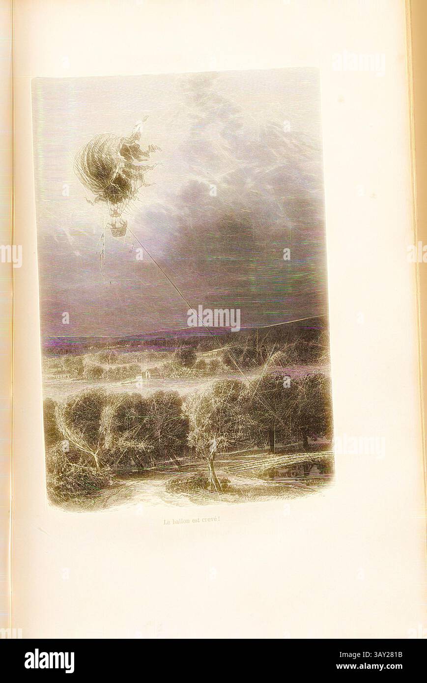 Ein Heißluftballon schwebt hoch über einer weiten Landschaft und wirft einen Schatten über eine ruhige Landschaft mit Bäumen und einem fernen Gehöft. Der Himmel ist voller wirbelnder Wolken, die einen dramatischen Kontrast zur friedlichen Szene unter sich setzen. Der Ballon ist flach, beschädigter Heißluftballon Neptun nach einem Gewitter, signiert: C. Laplante, Abb. 87, S. 441, Laplante, Charles (sc.), 1870, James Glaisher; Camille Flammarion; Wilfrid de Fonvielle; Gaston Tissandier: Voyages aériens. Paris: Hachette, 1870, Klassische Kunst mit modernem Touch, neu interpretiert von Artotop Stockfoto