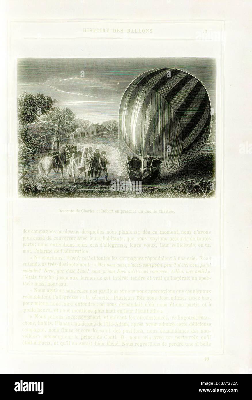 Eine Gruppe von Menschen versammelt sich um einen großen gestreiften Heißluftballon, um sich auf einen Flug vorzubereiten. Die Szene vor dem Hintergrund sanfter Hügel und einer ruhigen Landschaft, die den abenteuerlichen Geist der frühen Ballonfahrt einfangen. Der Text am unteren Rand bietet historischen Kontext über das Ereignis. Abstieg von Karl und Robert in Anwesenheit des Herzogs von Chartres, Jacques Alexandre César Charles (1746–1823) und Nicolas-Louis Robert aka Marie-Noël Robert (1760 1820) nach der Landung des Wasserstoffballons in Nesles-la-Vallée am 1. Dezember 1783 und Louis-Philippe II. Joseph, de Bourbon, Herzog d’Orléans, Si Stockfoto