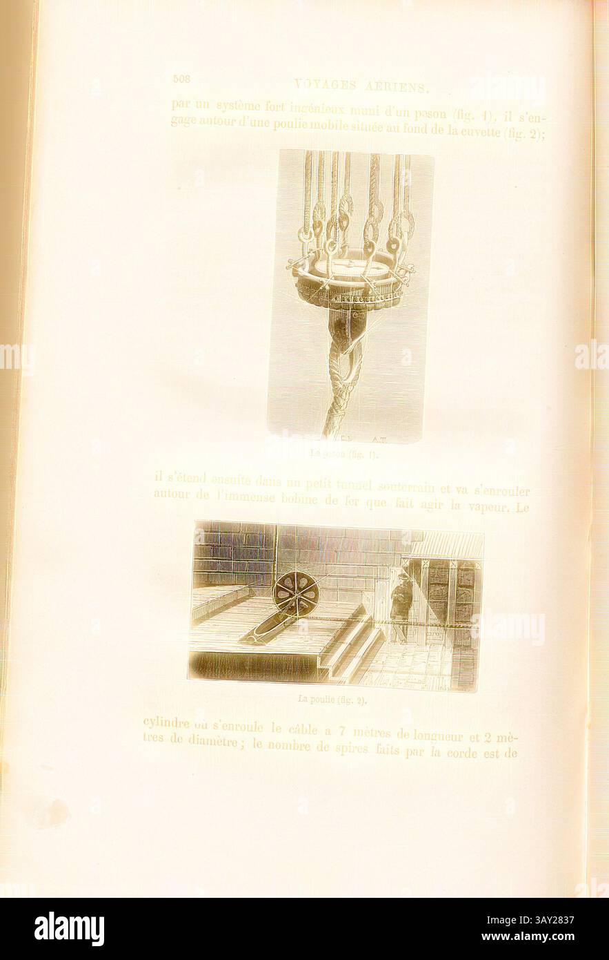 Eine illustrierte Seite mit zwei unterschiedlichen Darstellungen: Der obere Teil zeigt eine detaillierte Zeichnung einer mechanischen Vorrichtung mit Riemenscheiben, der untere Teil zeigt eine Darstellung eines Wasserrad- oder Riemenscheibensystems, begleitet von einer Erläuterung. Beide Bilder spiegeln den Einfallsreichtum des technischen Designs aus einem historischen Kontext wider. Die Wägezelle und die Riemenscheibe, die Riemenscheibe für den gefesselten Ballon von Henri Giffard in London 1869 und Associated Libra, signiert: C. L, A. T, Abb. 107, S. 508, Tissandier, Albert (del.); Laplante, Charles (sc.), 1870, James Glaisher; Camille Flammarion; Wilfrid de Fonvielle Stockfoto