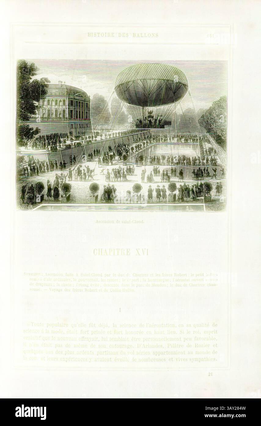 Ein Spektakel aus der Luft zeigt einen großen Heißluftballon, der sich auf den Aufstieg vorbereitet, umgeben von einer begeisterten Menschenmenge in einer Umgebung im Freien. Die Szene bietet eine detaillierte architektonische Kulisse, üppiges Grün und eine aufregende Atmosphäre, während die Zuschauer das Ereignis beobachten., Himmelfahrt von Saint-Cloud, Heißluftballonfahrt am 15. Juli 1784 in Saint-Cloud von Anne-Jean Robert (1758 1820) und Nicolas-Louis Robert (1760 1820) mit Colin Hullin und Louis-Philippe II. Joseph de Bourbon, Duc d'Orléans, signiert:, Tellier, Tissandier, Abb. 33, S. 161, Tissandier, Albert (dess.); Tellier, Edmond (sc.), 187 Stockfoto