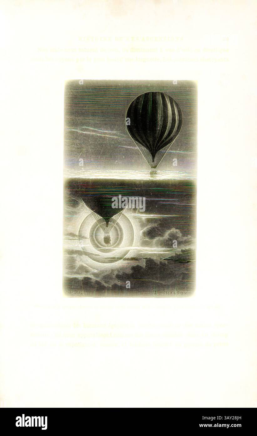 Eine Vintage-Illustration, die einen Heißluftballon zeigt, der über den Wolken schwingt, begleitet von ätherischen Dampfbläschen. Unten bildet eine wirbelnde kreisförmige Form einen auffälligen Kontrast, der auf Bewegung und Dynamik vor dem Hintergrund atmosphärischer Texturen hindeutet., Optisches Phänomen beobachtet in Ballon, 10. Februar 1873, Optisches Phänomen beobachtet bei einer Ballonfahrt am 10. Februar 1873, signiert: C. Laplante; A. Tissandier, Abb. 32, S. 133, Laplante, Charles (del.); Tissandier, Albert (sc.), 1887, Gaston Tissandier: Histoire de mes ascensions. Récit de Quarante voyages aériens (1868-1886). Paris: Maur Stockfoto