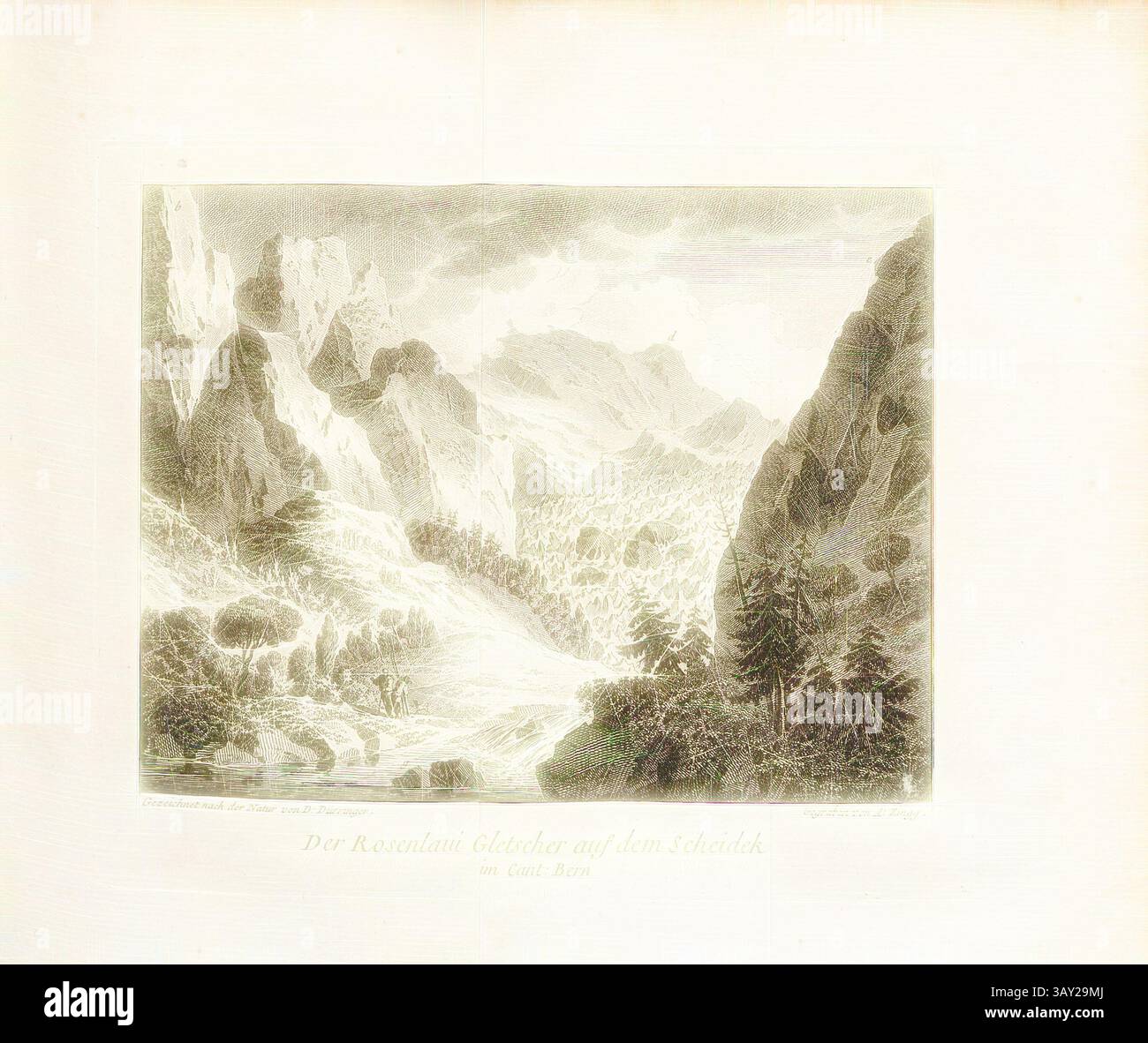 Eine ruhige Landschaft mit dramatischen Berggipfeln, üppigen Bäumen und einem sich windenden Fluss, die das Wesen der natürlichen Schönheit und Ruhe einfängt. Der Rosenlaui-Gletscher auf dem Scheidek in Cant. Bern, View of the Rosenlaui Glacier, signiert: D. Dürringer, A. Zingg, Etching, Plate 4, zu S. 64 (Teil 1), Dürringer, D. (ad nat. Del.); Zingg, Adrian (Sculp.), 1760, Gottlieb Sigmund Gruner: Die Eisgebirge des Schweizerlandes. Bern: Abraham Wagner, Sohn. 1760., Klassische Kunst mit modernem Touch, neu gestaltet von Artotop Stockfoto