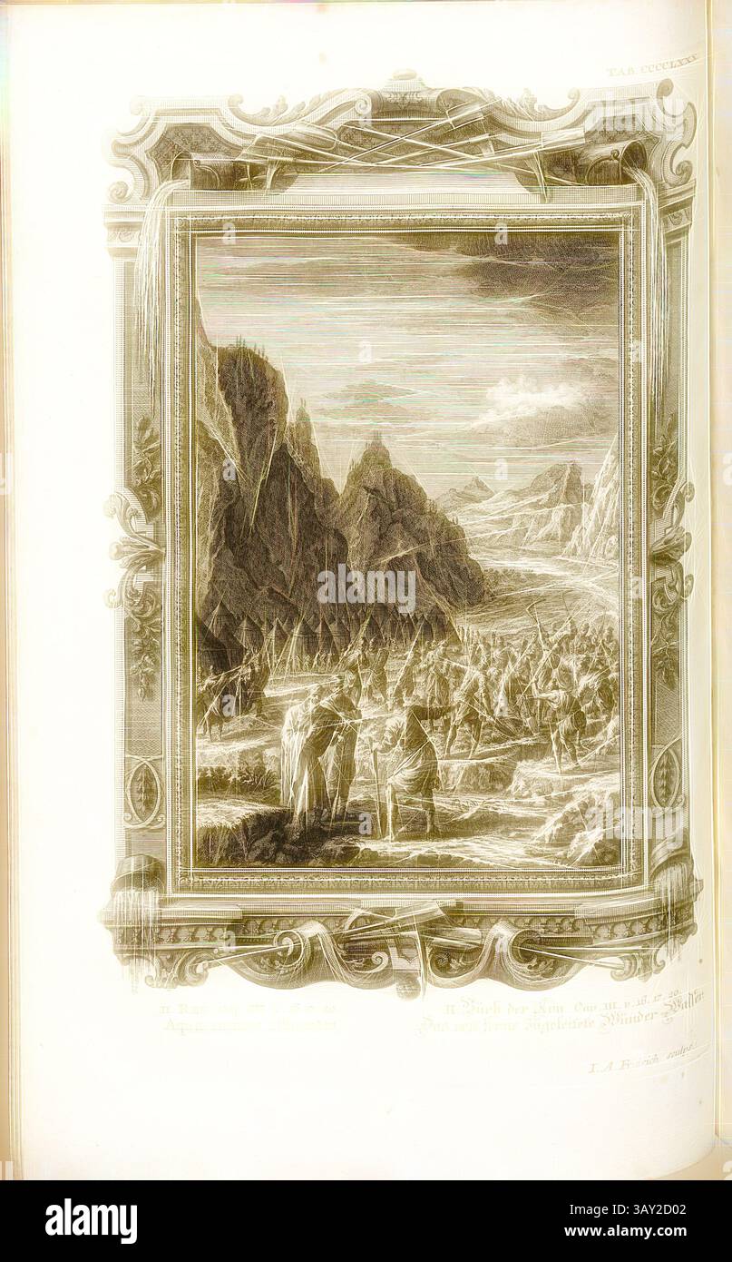Eine detaillierte Landschaft mit hohen Bergen und zerklüftetem Gelände, in der Figuren im Vordergrund stehen und in Richtung eines dramatischen Himmels blicken. Die Szene fängt ein Gefühl von Abenteuer und Entdeckungen ein und die Feinheiten der Umgebung laden zum Betrachten der Natur ein. Komplizierte Rahmengestaltung verleiht diesem faszinierenden vista einen künstlerischen Touch., Dilding Water Overlowing, Paralleltitel: Das wundersame Wasser, Regie aus der Ferne, signiert: J. A. Fridrich Sculps, Copperplate, Platte CCCCLXXX, Füssli, Johann Melchior; Fridrich, Jacob Andreas (Sculps.), 1731, Johann Jakob Scheuchzer: Kupfer-BI Stockfoto