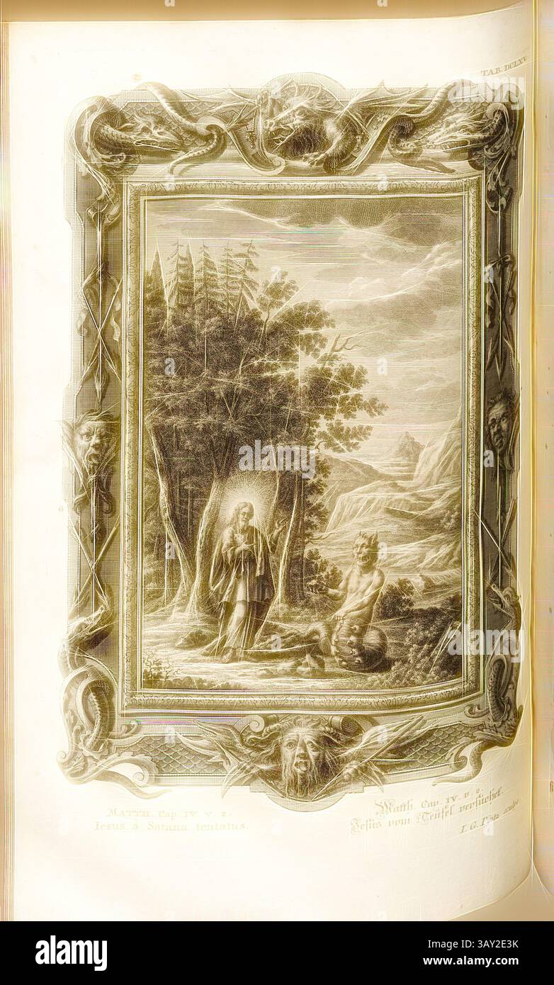 Eine ruhige Landschaft zeigt eine geheimnisvolle Figur im Vordergrund, begleitet von einer mythischen Kreatur. Hohe Bäume und weit entfernte Hügel bilden die Kulisse und schaffen eine ätherische Atmosphäre, die ein Gefühl des Staunens und Entdeckens weckt. Der kunstvolle Rand verleiht dem Bild einen Hauch von Eleganz und unterstreicht die zauberhafte Qualität des Bildes., Jesus wurde vom Satan verführt, Paralleltitel: Jesus versucht vom Teufel, signiert: J. G. Pintz Sculps, Kupferstich, Platte DCLXV, Füssli, Johann Melchior; Pinz, Johann Georg (Sculps.), 1731, Johann Jakob Scheuchzer: Kupfer-Bibel (...). Augspurg und Ulm: Gedruckt bey Christian Stockfoto