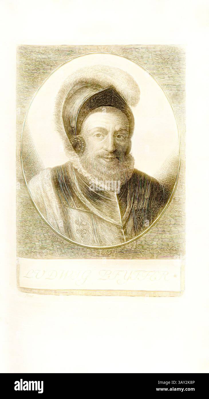 Ein historisches Porträt eines würdevollen Mannes, der eine fellbesetzte Mütze und kunstvolle Kleidung trägt und einen Hauch von Adel und Besinnung ausstrahlt. Sein Blick ist nach vorne gerichtet, eingerahmt von einem ovalen Rand, dessen Name elegant unten eingeschrieben ist. Ludwig Pfyffer, Porträt Ludwig Pfyfer (auch Ludwig Pfyffer aus Altishofen), signiert Pf. Fecit, Taf. 6, S. 38, Pfenninger, Heinrich (fec.), Leonhard Meister; Heinrich Pfenninger; J. C Fäsi: Helvetiens berühmte Männer in Bildnissen. Bd. 1. Zürich: im Verlag von Heinrich Pfenninger Mahler, 1799, Klassische Kunst mit modernem Twist neu interpretiert von Artotop Stockfoto