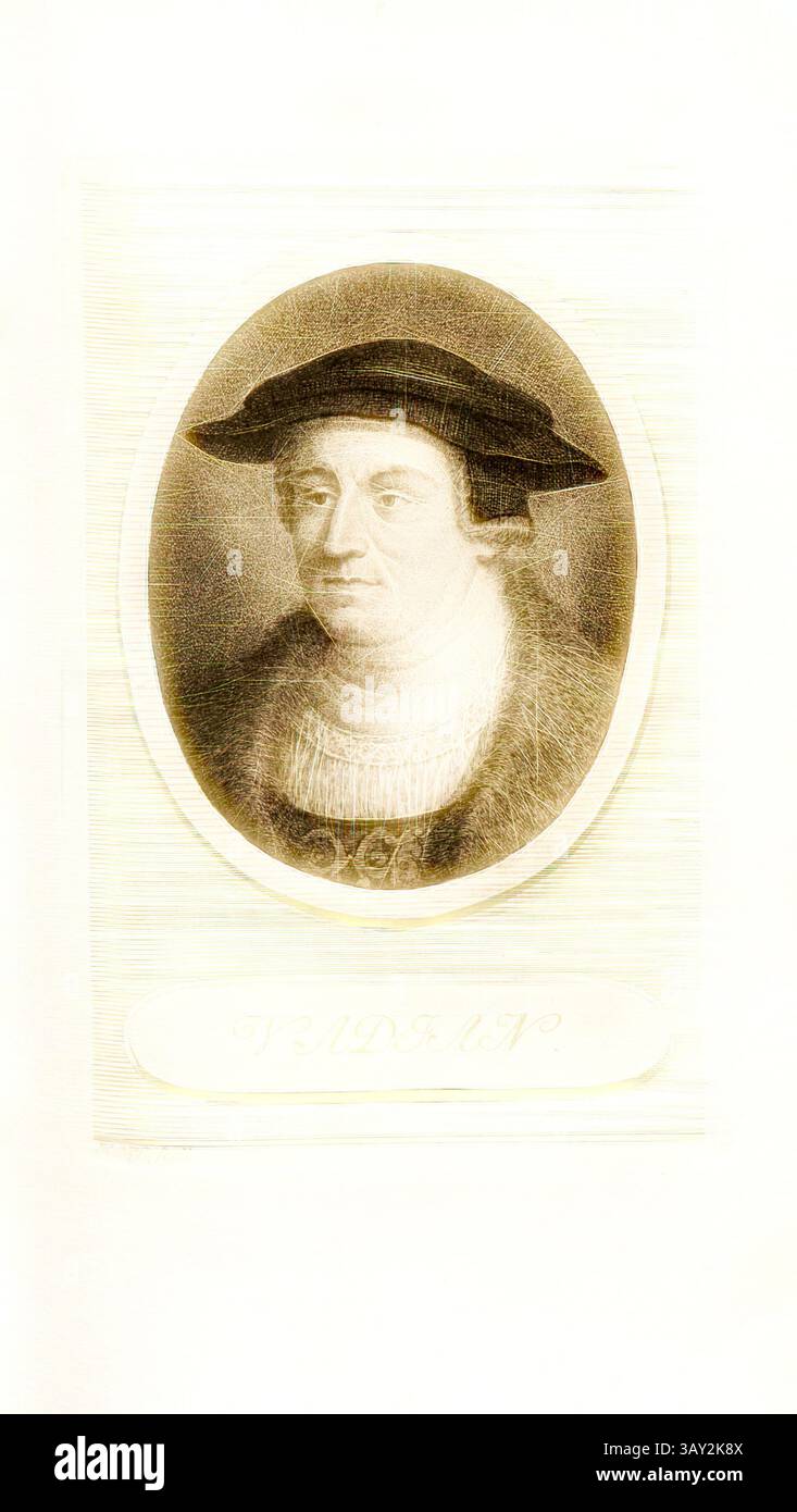 Ein feierliches Porträt einer historischen Figur mit Hut und Pelzkragen, die eine Aura von würde und Besinnung ausstrahlt., Vadian, Porträt Joachim von Watt (auch Joachim Vadian), signiert: H. Pf. Fecit, Taf. 7, S. 40, Pfenninger, Heinrich (fec.), Leonhard Meister; Heinrich Pfenninger; J. C Fäsi: Helvetiens berühmte Männer in Bildnissen. Bd. 1. Zürich: im Verlag von Heinrich Pfenninger Mahler, 1799, Klassische Kunst mit modernem Twist neu interpretiert von Artotop Stockfoto