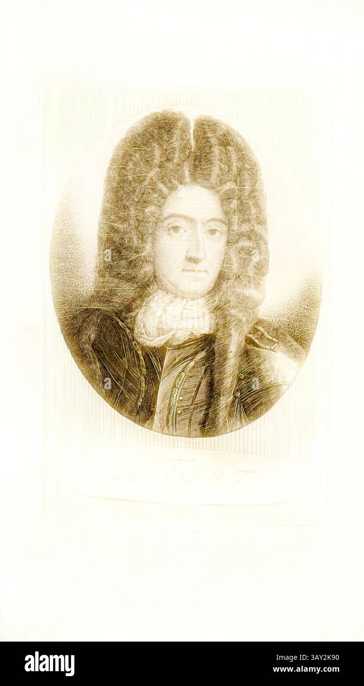 Ein historisches Porträt eines Mannes in raffinierter Kleidung, mit einer aufwendig gestylten Perücke und einem hochgesteckten Kleid. Die Figur blickt selbstbewusst nach vorne und verkörpert die Mode und Ästhetik einer vergangenen Ära. Das starke Portrait von Franz le Fort (auch Francois Le Fort), TAF. 3, S. 10, Pfenninger, Heinrich (fec.), Leonhard Meister; Heinrich Pfenninger; J. C Fäsi: Helvetiens berühmte Männer in Bildnissen. Bd. 1. Zürich: im Verlag von Heinrich Pfenninger Mahler, 1799, Klassische Kunst mit modernem Twist neu interpretiert von Artotop Stockfoto