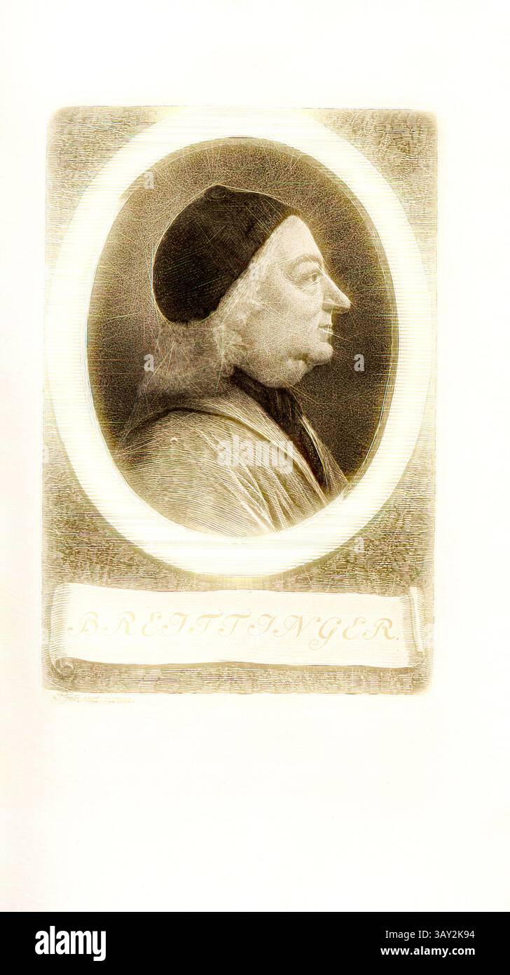 Ein Büstenporträt eines vornehmen Herrn mit langen Haaren und einer Kappe, eingerahmt in einem kunstvollen ovalen Design. Unterhalb des Porträts ist der Name Breittinger elegant eingeschrieben., Breitingen, Portrait Johann Jacob Breitinger (auch Johann Jakob Breitinger), signiert: Pfenn., ad vivum, TAF. 12, laut S. 60, Pfenninger, Heinrich (ad vivum del.), Leonhard Meister; Heinrich Pfenninger; J. C Fäsi: Helvetiens berühmte Männer in Bildnissen. Bd. 1. Zürich: im Verlag von Heinrich Pfenninger Mahler, 1799, Klassische Kunst mit modernem Twist neu interpretiert von Artotop Stockfoto