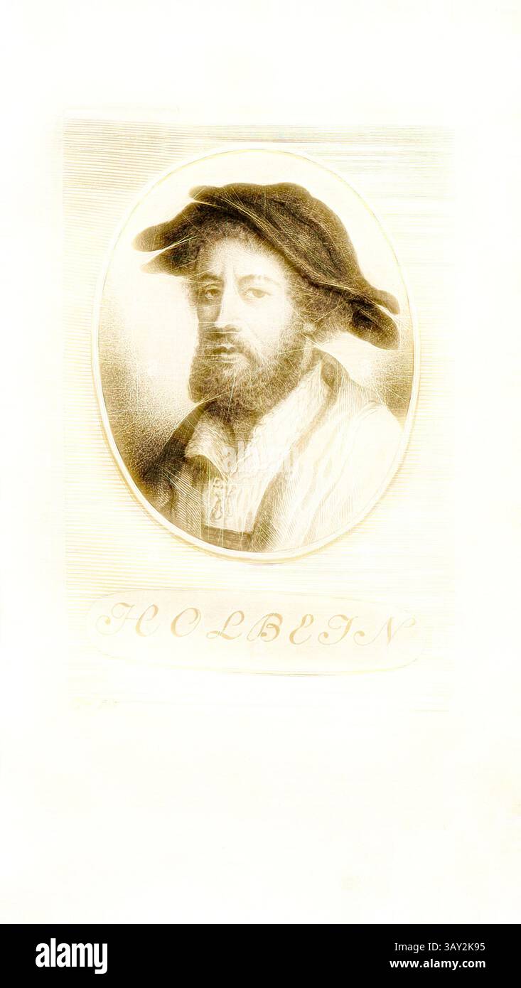 Eine bemerkenswerte Figur mit Bart und breiter Krempe blickt nachdenklich, verziert mit einem reich detaillierten Kleid. Unten ist sein Name „HOLBEIN“ elegant eingeschrieben. Holbein, Portrait Hans Holbein (auch Hans Holbein der Jüngere), signiert: Pfen., fecit, TAF. 2, gemäß S. 6, Pfenninger, Heinrich (fec.), Leonhard Meister; Heinrich Pfenninger; J. C Fäsi: Helvetiens berühmte Männer in Bildnissen. Bd. 1. Zürich: im Verlag von Heinrich Pfenninger Mahler, 1799, Klassische Kunst mit modernem Twist neu interpretiert von Artotop Stockfoto
