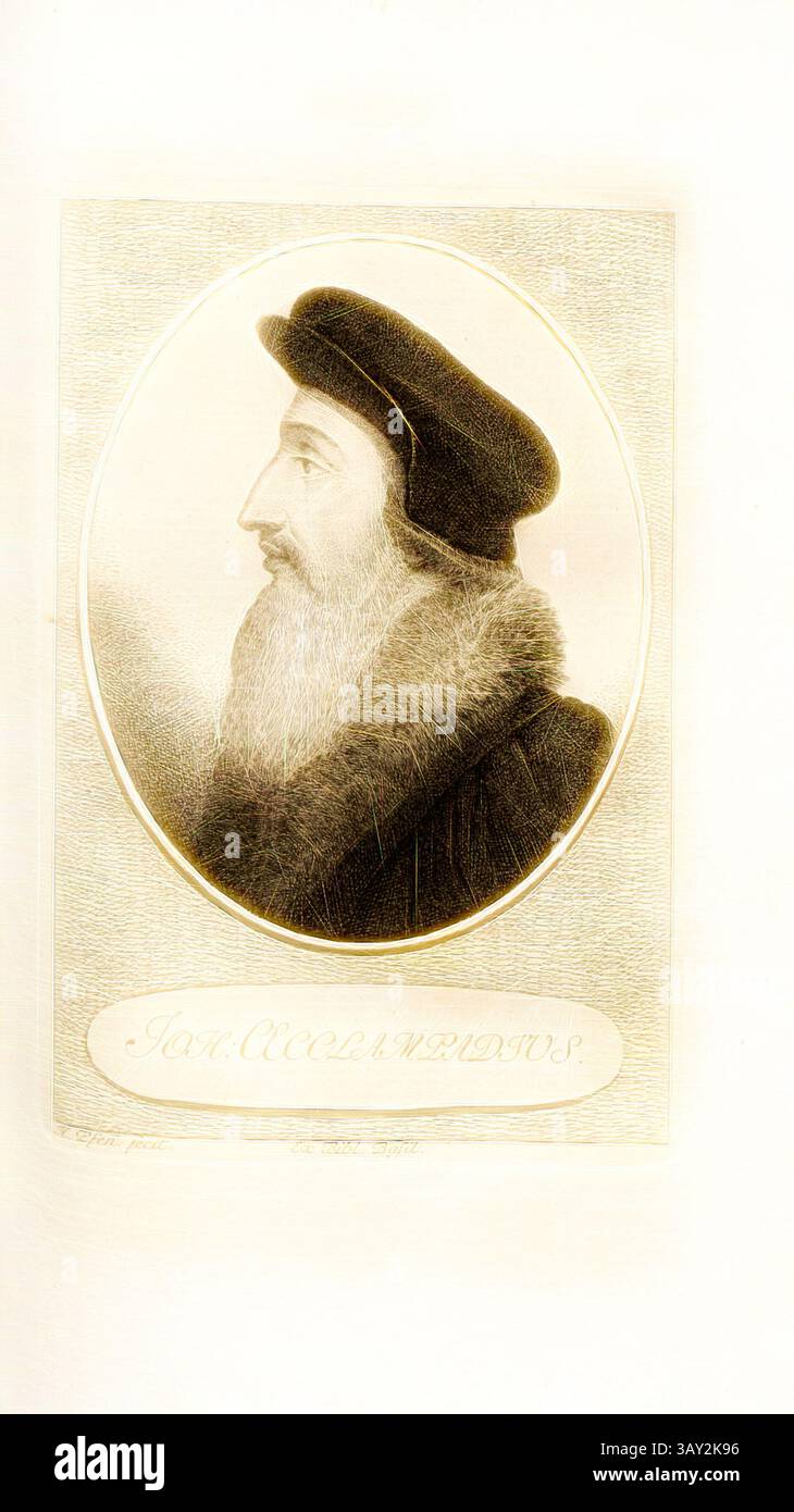 Ein historisches Porträt eines Mannes mit einem edlen Bart und einem mit Pelz gefütterten Kragen, der eine traditionelle Mütze trägt. Unter dem Bild befindet sich eine Inschrift, die seinen Namen Johann zu zeigen scheint. Oecolampadius, Porträt von Johann Oecolampadius, signiert: H. Pfenn., fecit, TAF. 17, nach S. 100, Pfenninger, Heinrich (fec.), Leonhard Meister; Heinrich Pfenninger; J. C Fäsi: Helvetiens berühmte Männer in Bildnissen. Bd. 1. Zürich: im Verlag von Heinrich Pfenninger Mahler, 1799, Klassische Kunst mit modernem Twist neu interpretiert von Artotop Stockfoto