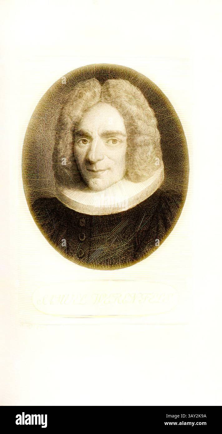 Ein Porträt einer historischen Figur mit unverwechselbarem lockigem Haar, mit Kragen und direktem Blick auf den Betrachter. Die Details vermitteln ein Gefühl von Ernsthaftigkeit und Intellekt und heben die markanten Merkmale und Kleidung des Motivs aus einer vergangenen Zeit hervor., Samuel Werenfels, Porträt von Samuel Werenfels, signiert: H. Pf. Fecit, Taf. 18, S. 106, Pfenninger, Heinrich (fec.), Leonhard Meister; Heinrich Pfenninger; J. C Fäsi: Helvetiens berühmte Männer in Bildnissen. Bd. 1. Zürich: im Verlag von Heinrich Pfenninger Mahler, 1799, Klassische Kunst mit modernem Twist neu interpretiert von Artotop Stockfoto