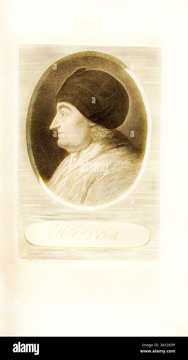 Ein historisches Porträt zeigt eine Figur im Profil, verziert mit einem unverwechselbaren Hut und zeichnet sich durch eine markante Nase und einen nachdenklichen Ausdruck aus. Unten eine Inschrift in stilisierter Schrift gibt den Namen des Individuums an., Haller, Porträt von Albrecht von Haller, signiert: Pf. Ad vivum delinevit, TAF. 15, S. 82, Pfenninger, Heinrich (ad vivum del.), Leonhard Meister; Heinrich Pfenninger; J. C Fäsi: Helvetiens berühmte Männer in Bildnissen. Bd. 1. Zürich: im Verlag von Heinrich Pfenninger Mahler, 1799, Klassische Kunst mit modernem Twist neu interpretiert von Artotop Stockfoto