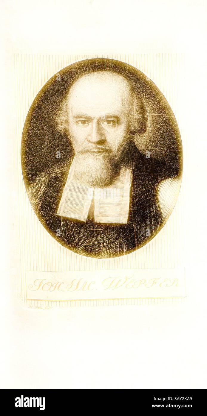 Ein historisches Porträt eines angesehenen Mannes mit nachdenklichem Ausdruck, mit einem markanten Bart und einem klerikalen Kragen. Das Kunstwerk ist mit einem dekorativen Rand eingerahmt und enthält eine Inschrift unten., John. Jacob. Wepfer, Porträt Johann Jacob Wepfer, signiert: H. Pfenn., fecit, TAF. 4, gemäß S. 34, Pfenninger, Heinrich (fec.), Leonhard Meister; Heinrich Pfenninger; J. C Fäsi: Helvetiens berühmte Männer in Bildnissen. Bd. 2. Zürich: im Verlag von Heinrich Pfenninger Mahler, 1799, Klassische Kunst mit modernem Twist neu interpretiert von Artotop Stockfoto