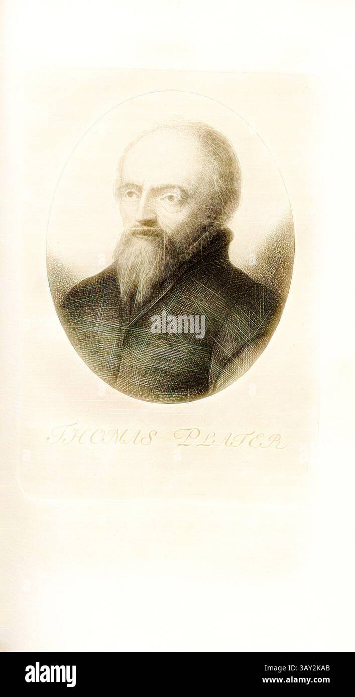 Eine herausragende Persönlichkeit mit einem durchdachten Ausdruck, mit einem markanten Bart und einem dunklen Mantel, aufgenommen in einem raffinierten Porträtstil. Unter dem Bild ist der Name „Thomas Platte“ elegant eingeschrieben. Thomas Plater, Portrait of Thomas Platte (auch Thomas Platte der ältere), TAF. 27, S. 186, Pfenninger, Heinrich (fec.), Leonhard Meister; Heinrich Pfenninger; J. C Fäsi: Helvetiens berühmte Männer in Bildnissen. Bd. 1. Zürich: im Verlag von Heinrich Pfenninger Mahler, 1799, Klassische Kunst mit modernem Twist neu interpretiert von Artotop Stockfoto