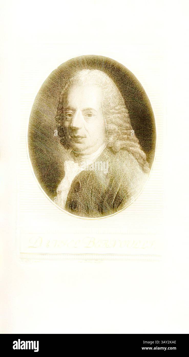 Ein Porträt eines Herrn mit langen, welligen Haaren, der einen Mantel und eine Krawatte im Stil des 18. Jahrhunderts trägt. Sein Ausdruck ist kontemplativ, vor einem sanft strukturierten Hintergrund, der die königliche Qualität des Bildes unterstreicht., Daniel Bernoulli, Portrait Daniel Bernoulli, signiert: H. Pf. Fecit, Taf. 35, nach S. 246, Pfenninger, Heinrich (fec.), Leonhard Meister; Heinrich Pfenninger; J. C Fäsi: Helvetiens berühmte Männer in Bildnissen. Bd. 1. Zürich: im Verlag von Heinrich Pfenninger Mahler, 1799, Klassische Kunst mit modernem Twist neu interpretiert von Artotop Stockfoto