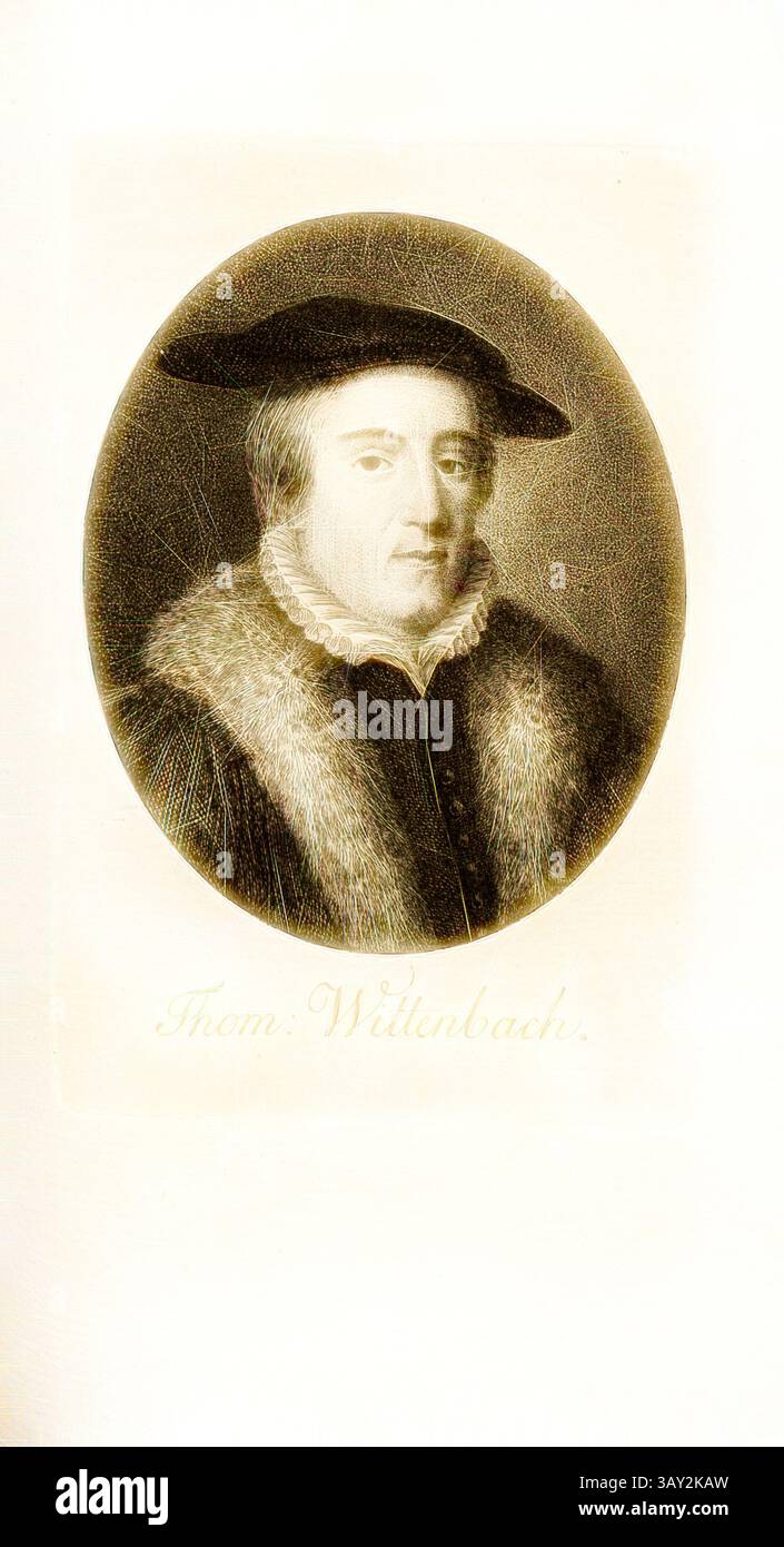 Ein Mann in historischer Kleidung mit Pelzkragen und breiter Krempe blickt nachdenklich nach vorne. Sein Verhalten deutet auf ein Gefühl von Wichtigkeit und Autorität hin, ergänzt durch eine fein gestylte Rüsche um seinen Hals. Wittenbach, Portrait Thomas Wittenbach, Taf. 32, nach S. 232, Pfenninger, Heinrich (fec.), Leonhard Meister; Heinrich Pfenninger; J. C Fäsi: Helvetiens berühmte Männer in Bildnissen. Bd. 1. Zürich: im Verlag von Heinrich Pfenninger Mahler, 1799, Klassische Kunst mit modernem Twist neu interpretiert von Artotop Stockfoto