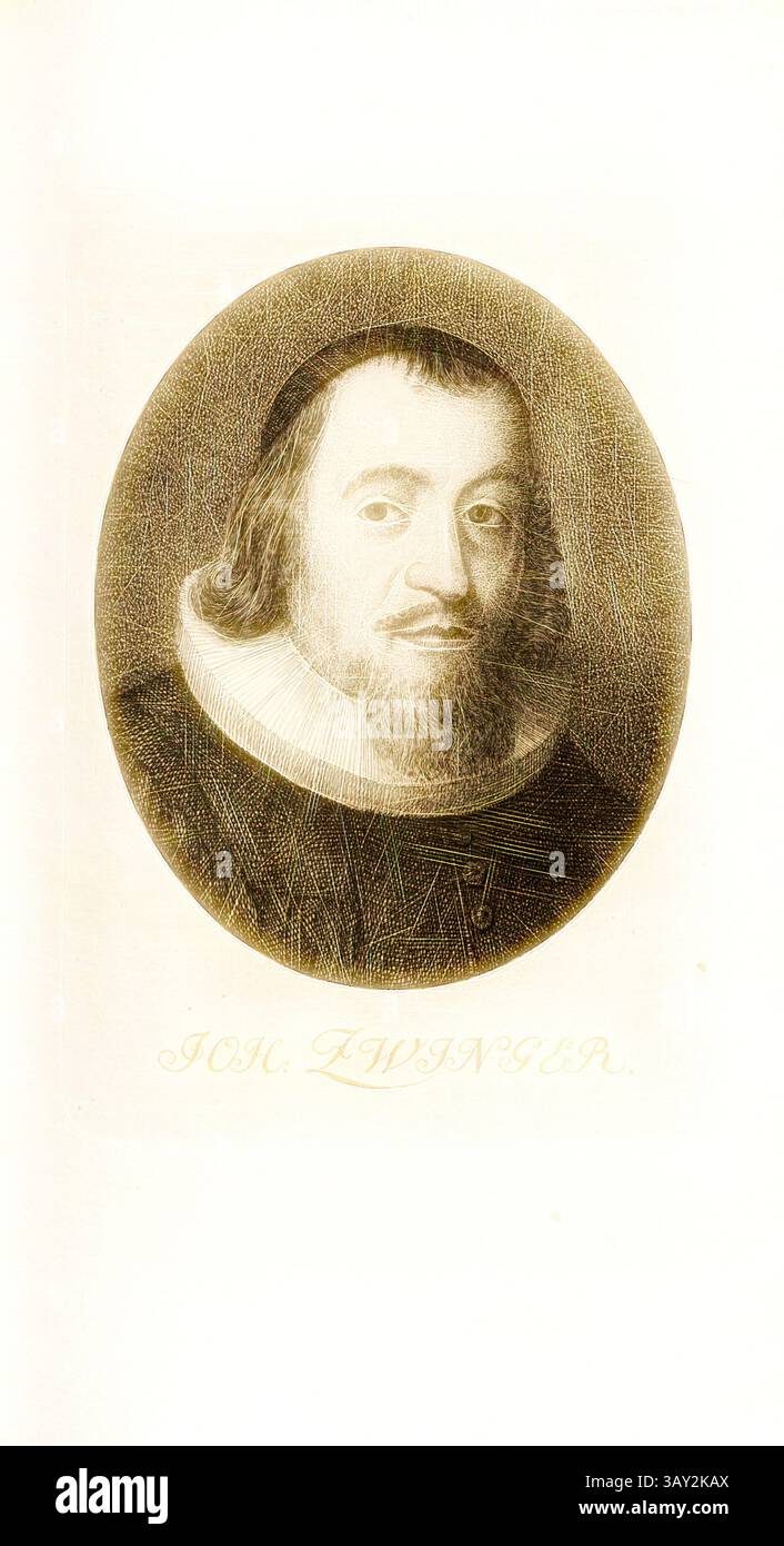 Eine herausragende Figur mit durchdachtem Ausdruck, gekleidet in historischer Kleidung, mit hohem Kragen und einem würdevollen Look. Die komplizierten Details betonen seine einzigartige Frisur und Gesichtszüge und vermitteln ein Gefühl von Weisheit und Wichtigkeit. Zwinger, Porträt von Johannes Zwinger, TAF. 13, S. 86, Pfenninger, Heinrich (fec.), Leonhard Meister; Heinrich Pfenninger; J. C Fäsi: Helvetiens berühmte Männer in Bildnissen. Bd. 2. Zürich: im Verlag von Heinrich Pfenninger Mahler, 1799, Klassische Kunst mit modernem Twist neu interpretiert von Artotop Stockfoto