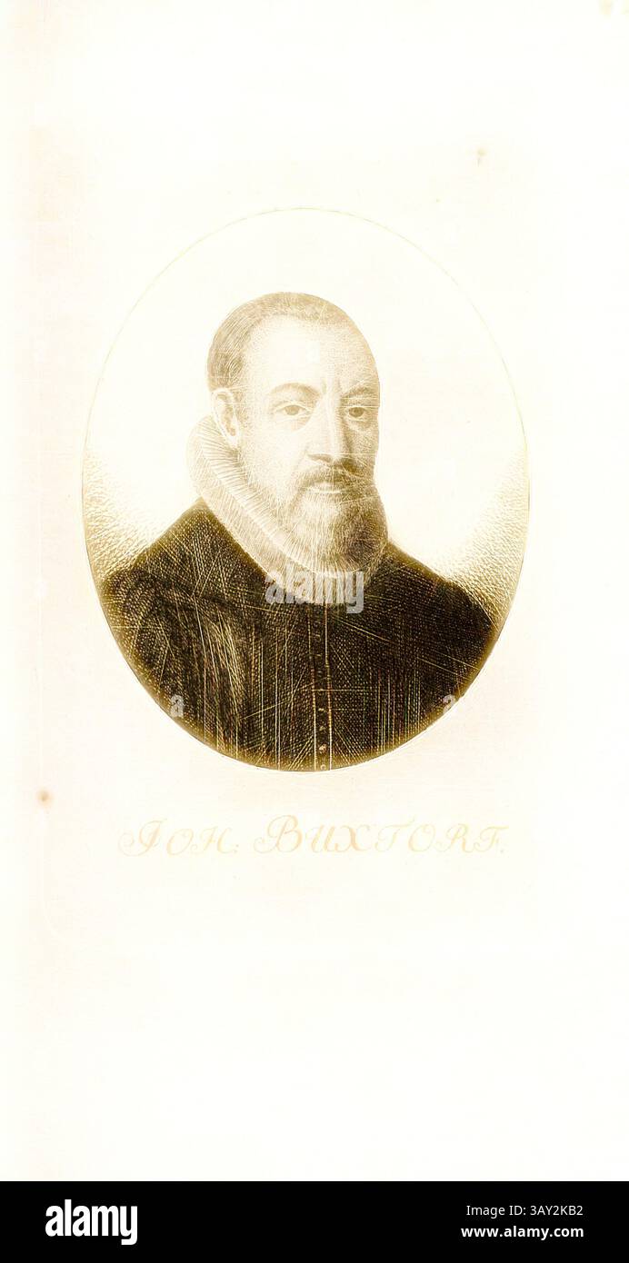 Ein Porträt eines bärtigen Mannes, der einen Rüschenkragen trägt, in einem ovalen Rahmen dargestellt. Der Name „JOHN BUXTORF“ ist elegant darunter eingeschrieben. Buxtorf, Porträt von Johann Buxdorf (auch Johann Buxtorf des Älteren), unsigniert:, TAF. 12, gemäß S. 84, Pfenninger, Heinrich (fec.), Leonhard Meister; Heinrich Pfenninger; J. C Fäsi: Helvetiens berühmte Männer in Bildnissen. Bd. 2. Zürich: im Verlag von Heinrich Pfenninger Mahler, 1799, Klassische Kunst mit modernem Twist neu interpretiert von Artotop Stockfoto