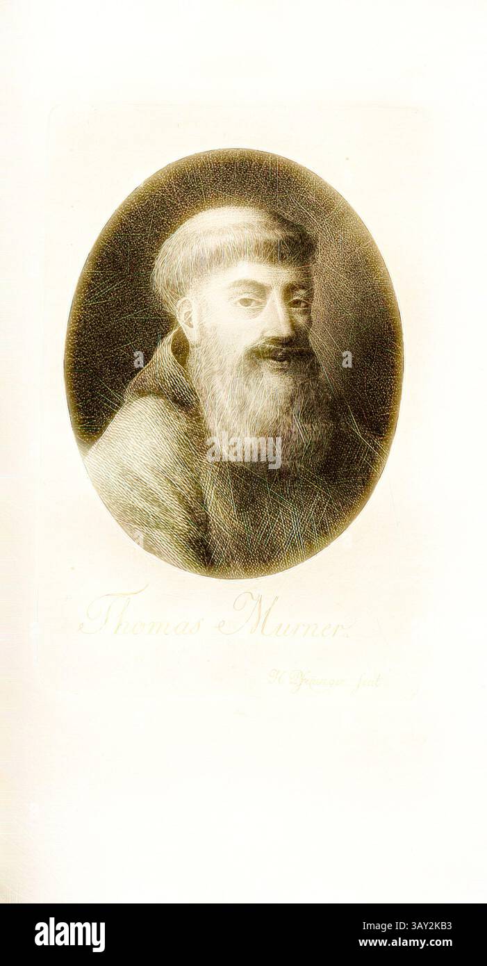 Ein Porträt eines Mannes mit markantem Bart und nachdenklichem Ausdruck, der eine Kapuze trägt. Sein Name, „Thomas Murner“, ist unten in eleganter Schrift eingeschrieben. Das Gesamtbild weckt ein Gefühl historischer Bedeutung. Thomas Murner, Portrait of Thomas Murner, signiert: H. Pfenninger fecit, TAF. 31, S. 226, Pfenninger, Heinrich (fec.), Leonhard Meister; Heinrich Pfenninger; J. C Fäsi: Helvetiens berühmte Männer in Bildnissen. Bd. 1. Zürich: im Verlag von Heinrich Pfenninger Mahler, 1799, Klassische Kunst mit modernem Twist neu interpretiert von Artotop Stockfoto