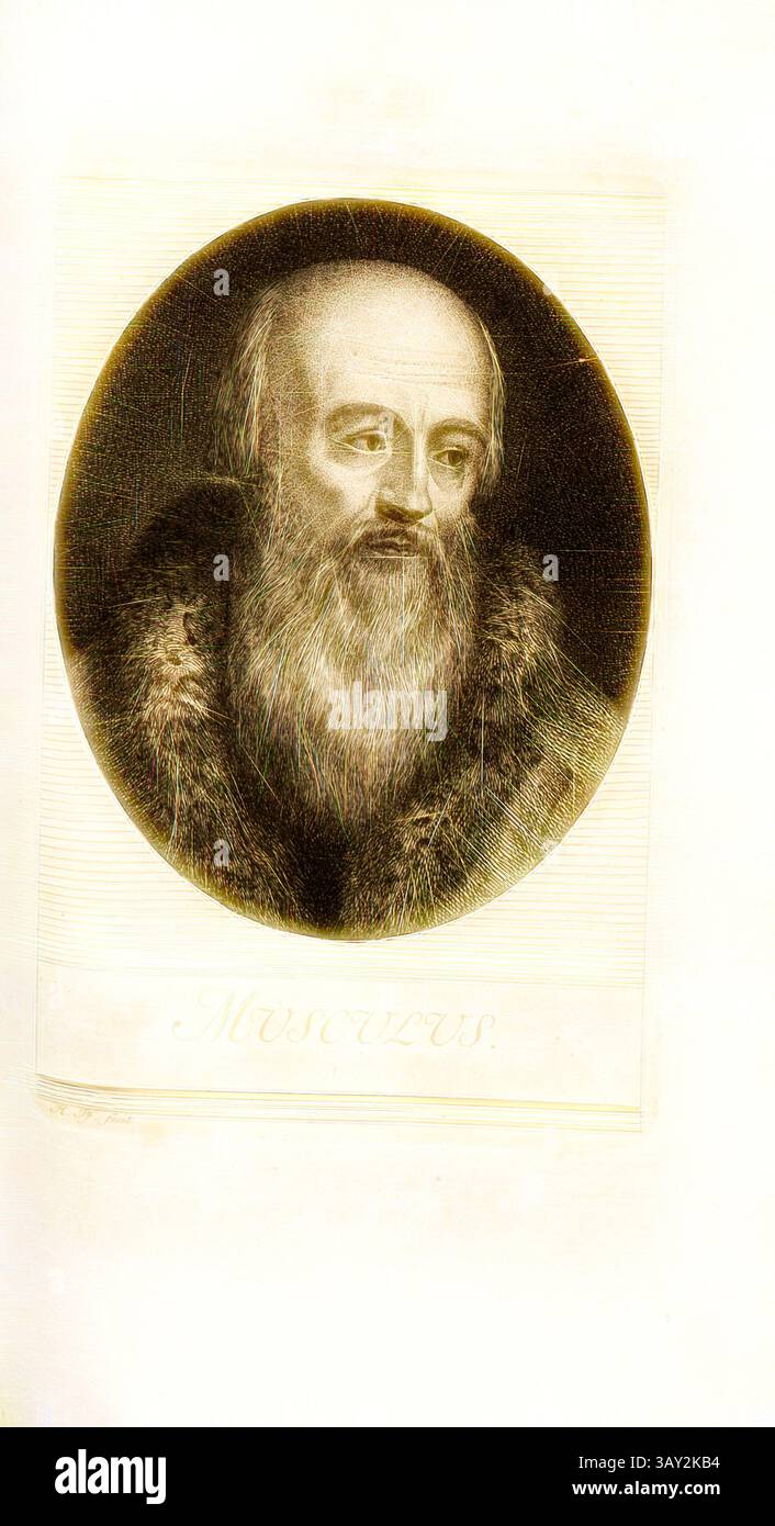 Eine bärtige Figur mit nachdenklichem Ausdruck, die ein mit Fell gefüttertes Kleidungsstück trägt, dargestellt in einem kreisförmigen Rahmen. Der Stil vermittelt einen Sinn für historische Bedeutung und Weisheit., musculus, Porträt Wolfgang musculus (auch Wolfgang Mäuslin), signiert: H. Pf. Fecit, Taf. 22, S. 144, Pfenninger, Heinrich (fec.), Leonhard Meister; Heinrich Pfenninger; J. C Fäsi: Helvetiens berühmte Männer in Bildnissen. Bd. 1. Zürich: im Verlag von Heinrich Pfenninger Mahler, 1799, Klassische Kunst mit modernem Twist neu interpretiert von Artotop Stockfoto