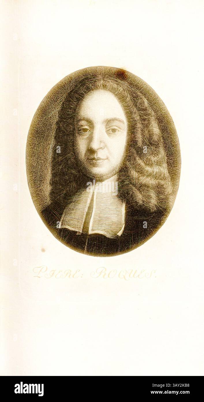 Ein detailliertes Porträt einer historischen Figur mit langen, lockigen Haaren und einem Kragen, der direkt auf den Betrachter blickt. Das Kunstwerk zeigt komplizierte Linienarbeiten um das Gesicht, die den Ausdruck und die Kleidung des Motivs hervorheben. Pierre Roques, Portrait of Peter de Roques (auch Pierre Roques), TAF. 14, gemäß S. 88, Pfenninger, Heinrich (fec.), Leonhard Meister; Heinrich Pfenninger; J. C Fäsi: Helvetiens berühmte Männer in Bildnissen. Bd. 2. Zürich: im Verlag von Heinrich Pfenninger Mahler, 1799, Klassische Kunst mit modernem Twist neu interpretiert von Artotop Stockfoto