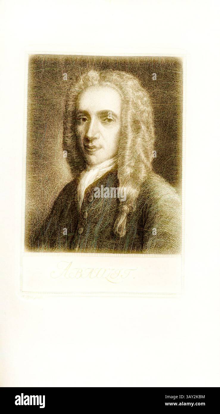 Ein Porträt eines Herrn mit langen, welligen Haaren, gekleidet in einem Mantel und Krawatte aus dem 18. Jahrhundert, der einen Hauch von Intellekt und würde ausstrahlt. Die komplizierten Details betonen seinen nachdenklichen Ausdruck und die Kunstfertigkeit der Ära. Abauzit, Portrait Firmin Abauzit, signiert: H. Pfenn., fecit, Taf. 40, nach S. 272, Pfenninger, Heinrich (fec.), Leonhard Meister; Heinrich Pfenninger; J. C Fäsi: Helvetiens berühmte Männer in Bildnissen. Bd. 1. Zürich: im Verlag von Heinrich Pfenninger Mahler, 1799, Klassische Kunst mit modernem Twist neu interpretiert von Artotop Stockfoto